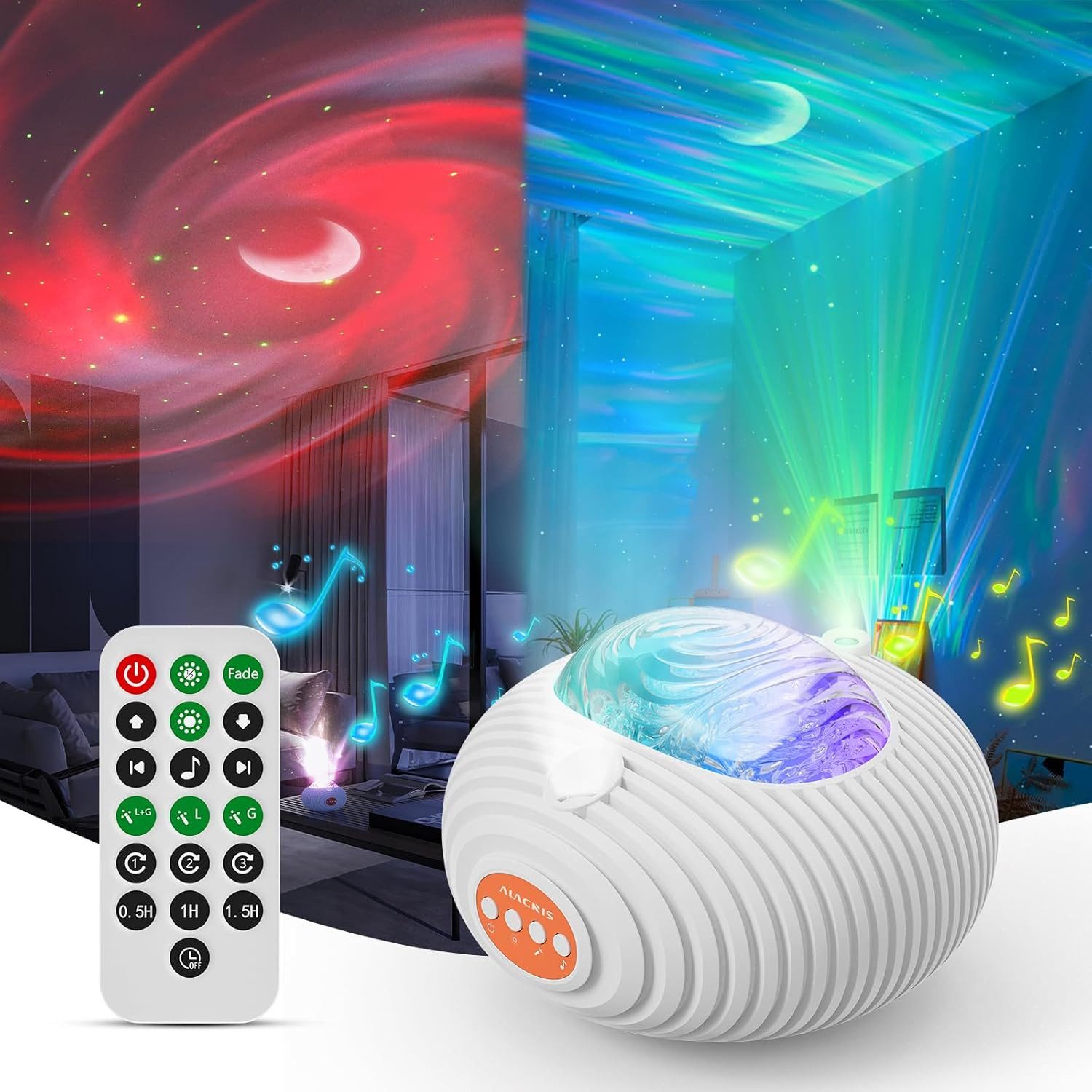 Vivitar LED-Sternenhimmel 4-in-1 Galaxieprojektor mit Aurora & Spiralgalaxie, Sternenhimmel, Nachtlicht mit Musik & weißem Rauschen, LED Sternenprojektor dimmbar