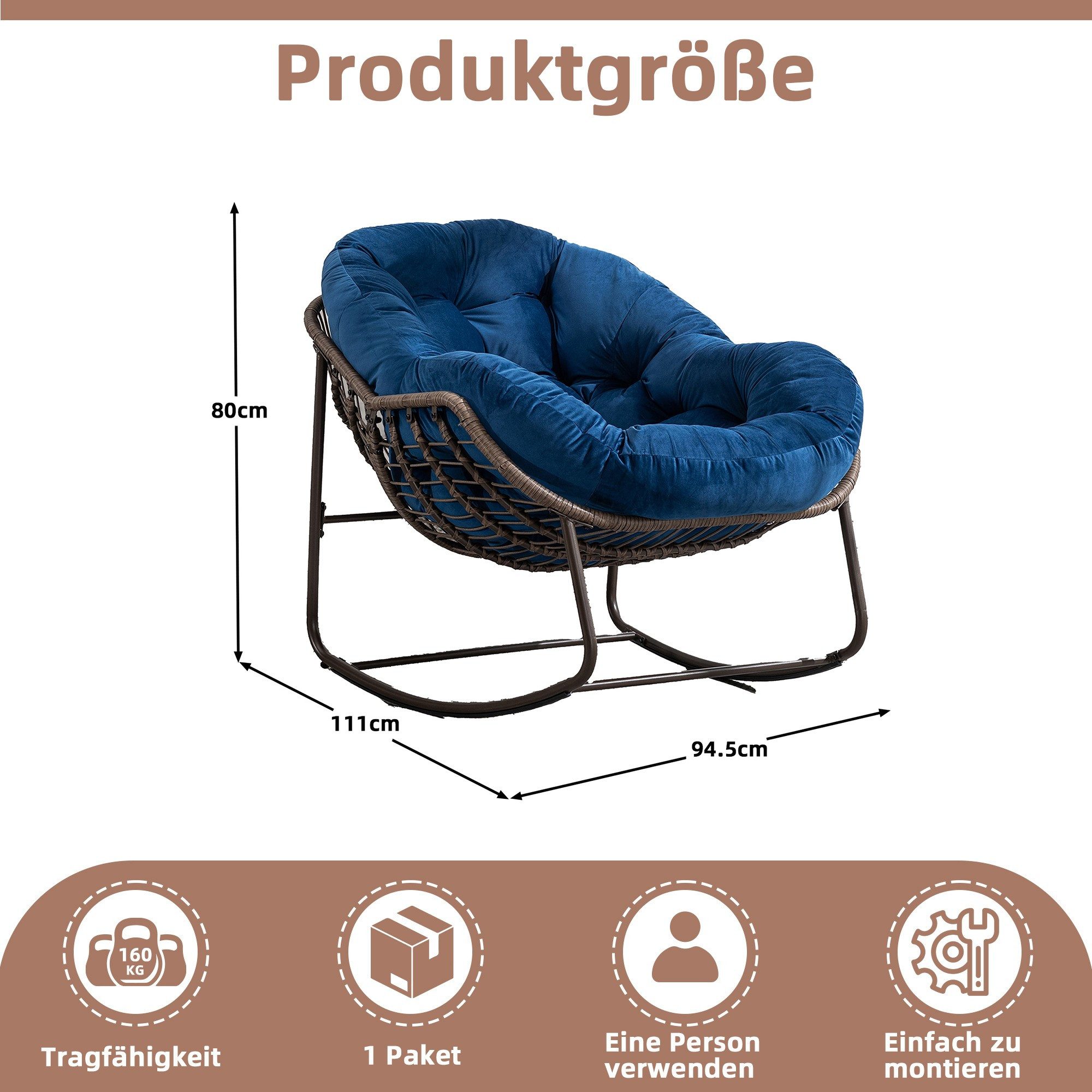 LVHOM Schaukelstuhl mit gepolstertem Kissen, Rattanstuhl mit Stahlrahmen, Lounge Sessel (Großformat B110.5cm x T94.5cm x H80cm,Dicke Kissen,160kg Tragfähigkeit, MEHRE FARBEN MEHRE OPTIONEN! Schaukelsessel umhüllendem Sitzgefühl & hoher Armlehne, 1 St), Balkon/Garten/Wohnzimmer/Schlafzimmer/Arbeitszimmer