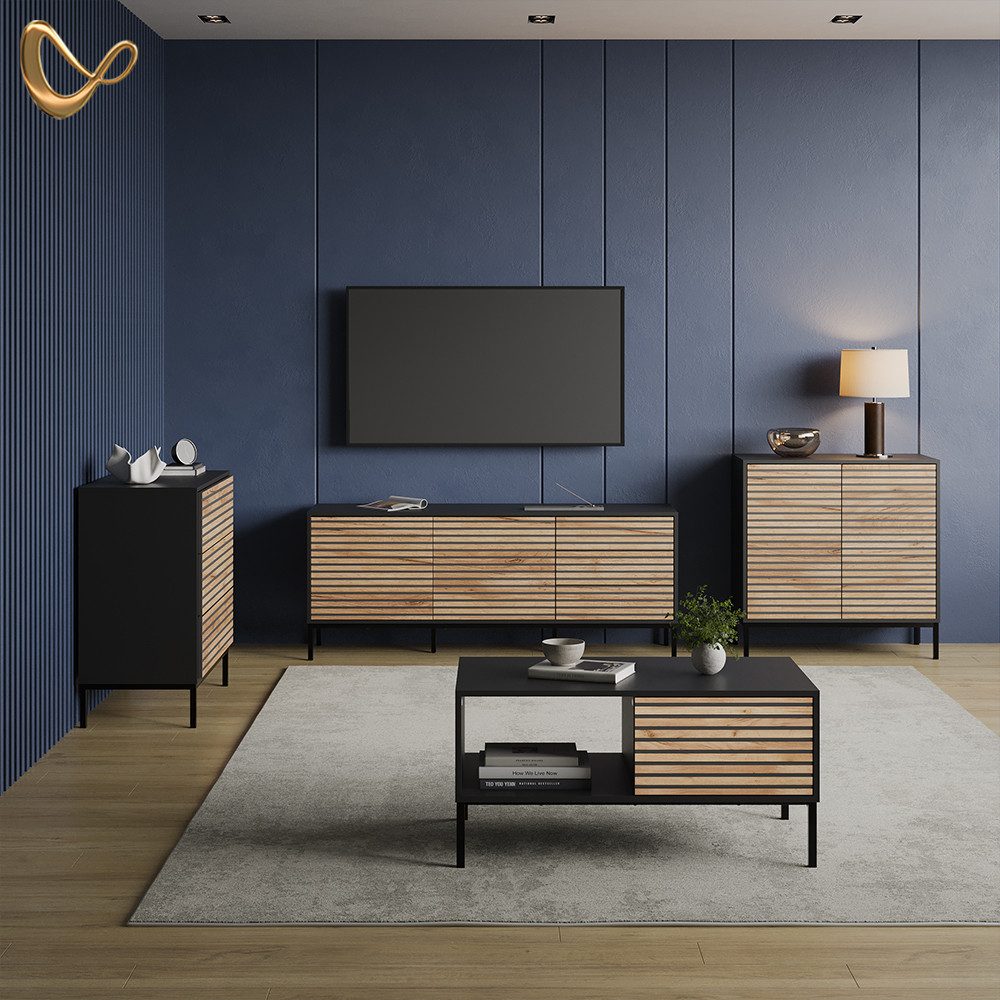 Livinity® Kommode Aterno, Goldkraft Eiche/Anthrazit/Anthrazit, 2 Schubladen (1 St)