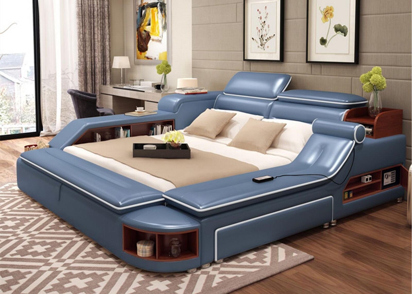 JVmoebel Multimediabett (1-tlg., Made 180x200cm Bettgestell Multifunktion Blau Modernes Europa Betten Bett), Doppelbetten 1x Bett in