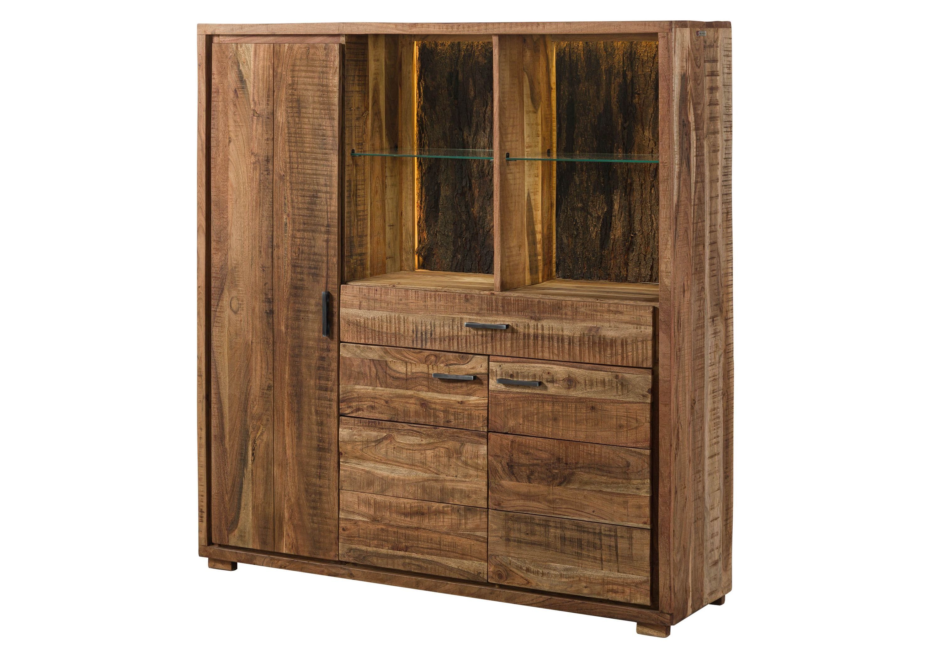 Massivmoebel24 Highboard (Massivholz), Akazie 140x40x150 natur lackiert BARK #115