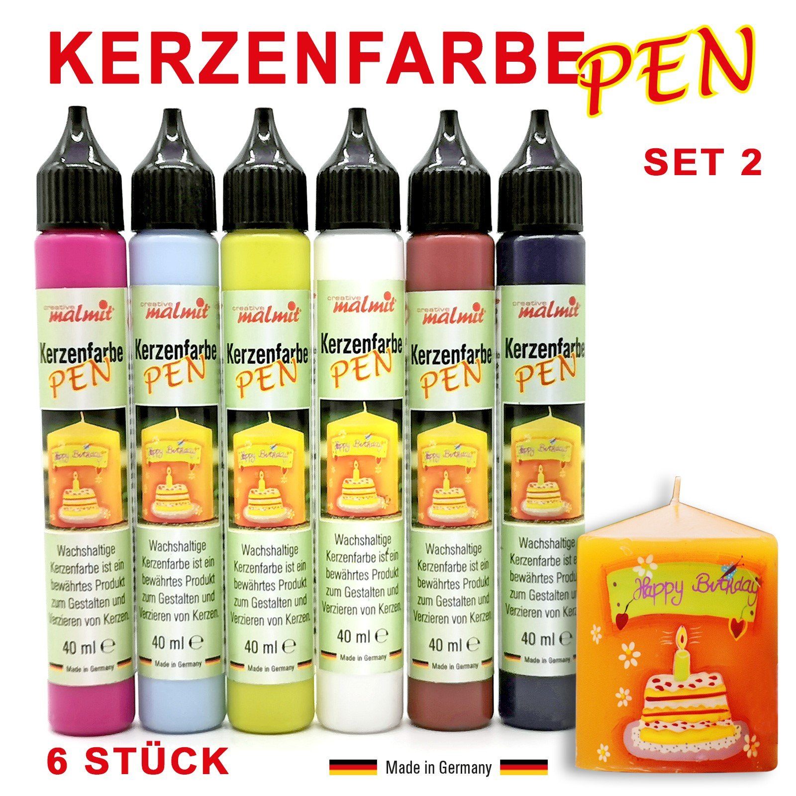 creative malmit® Kerzenmalfarbe Kerzenfarbe 6er Set Kerzenstifte Wachsfarben Flüssigwachs Nr.2