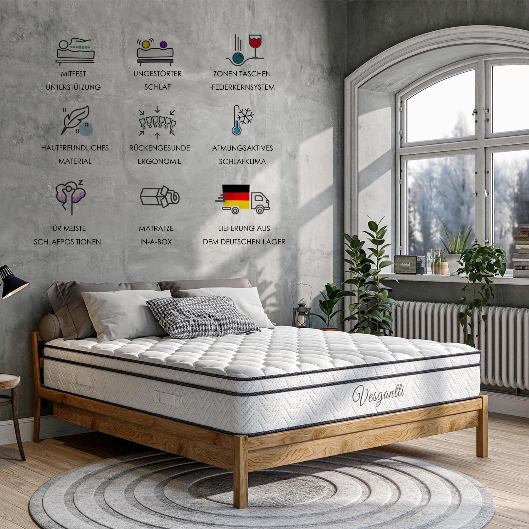 Taschenfederkernmatratze 7-Zonen Matratze 26cm hohe Hybridmatratze H3 BT1, Vesgantti, Öko-Tex Standard 100, hohe Punktelastizität, Gel-Memory-Schaum