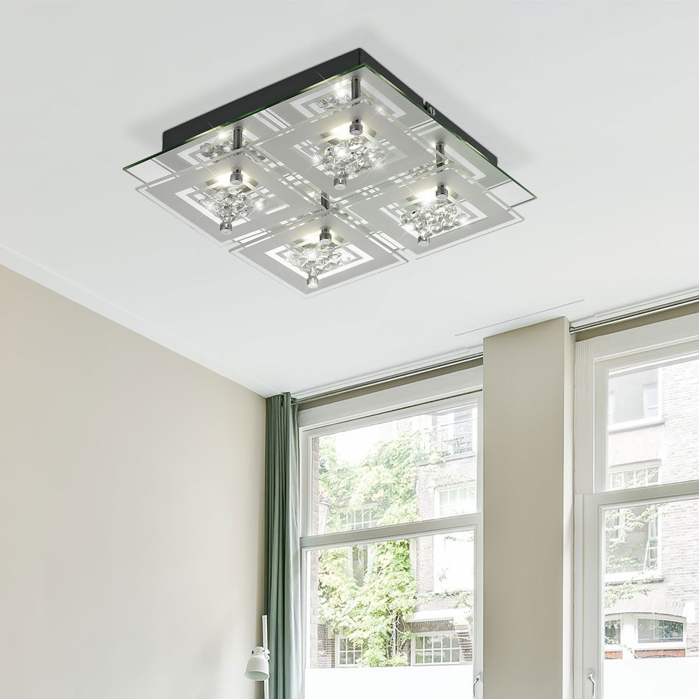 Esto LED Deckenleuchte, LED-Leuchtmittel fest verbaut, Neutralweiß, 12 Watt LED Decken Lampe Leuchte Chrom Glas satiniert Kristalle Esto