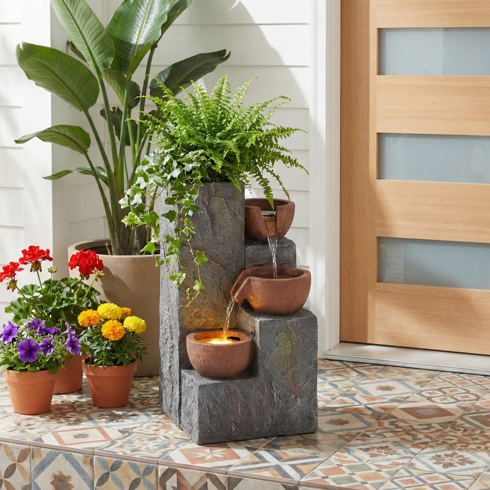KLAM HOME Gartenbrunnen Antik Gartenbrunnen mit 3-stufigem Wasserfall, Harz grau, (Stehendes Zierbrunnen mit Pflanzbereich & Kreislaufsystem), Wasserspiel 230V mit LED für Garten, Terrasse & Balkon