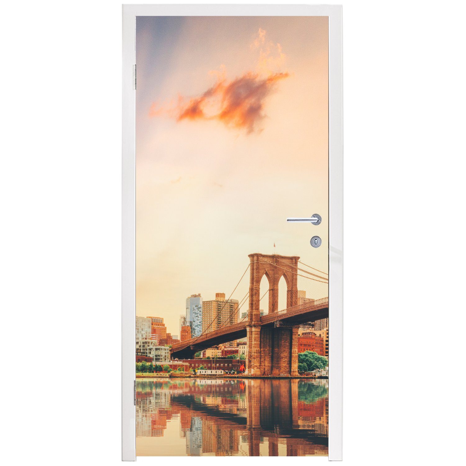 Türaufkleber, Tür, York - 75x205 bedruckt, Sonnenuntergang, Matt, St), (1 für Brücke Fototapete Türtapete - - New cm Brooklyn MuchoWow