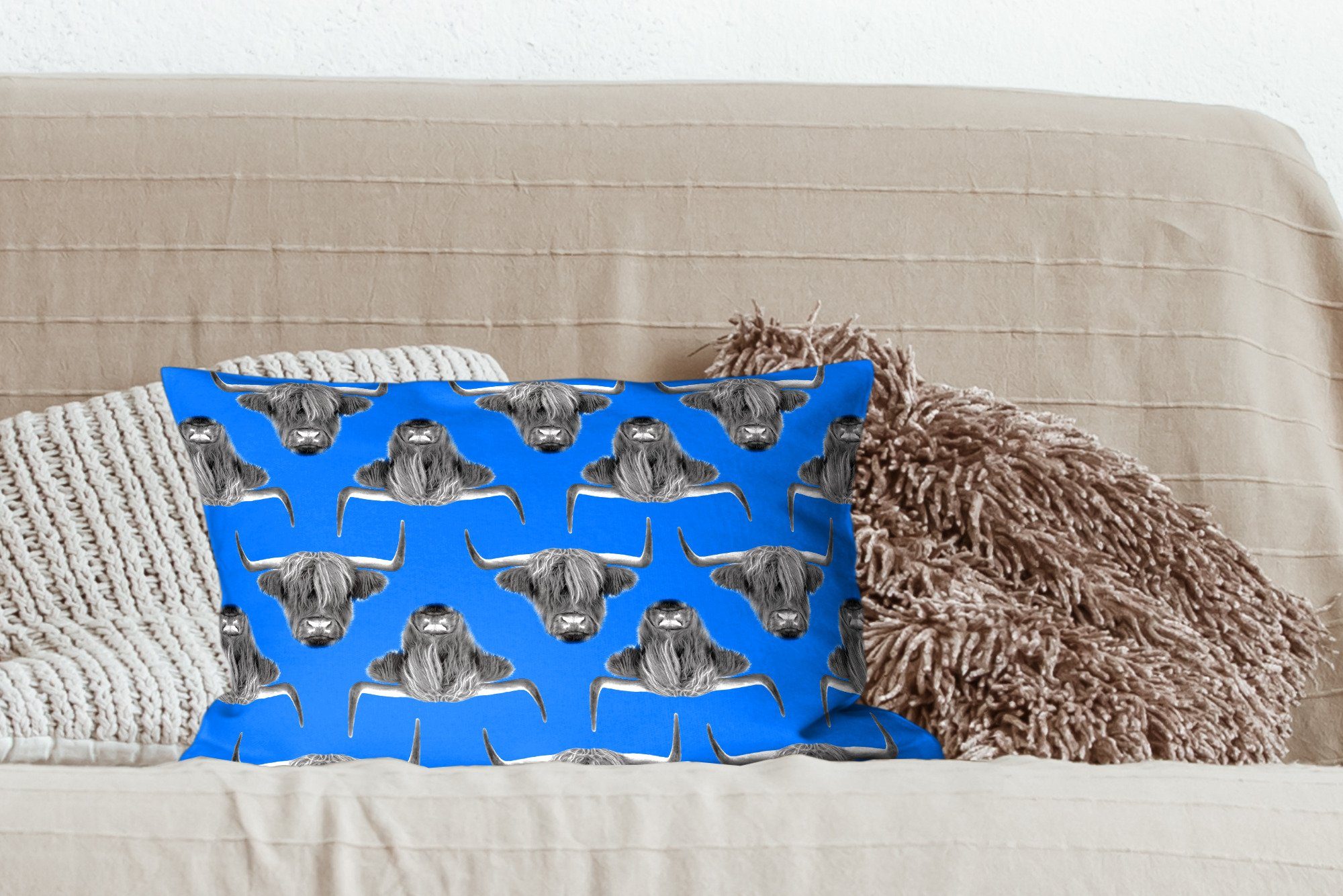 Blau, Muster Dekoration, - Wohzimmer Füllung, mit Schlafzimmer Dekokissen Highlander Zierkissen, MuchoWow - Schottischer Dekokissen
