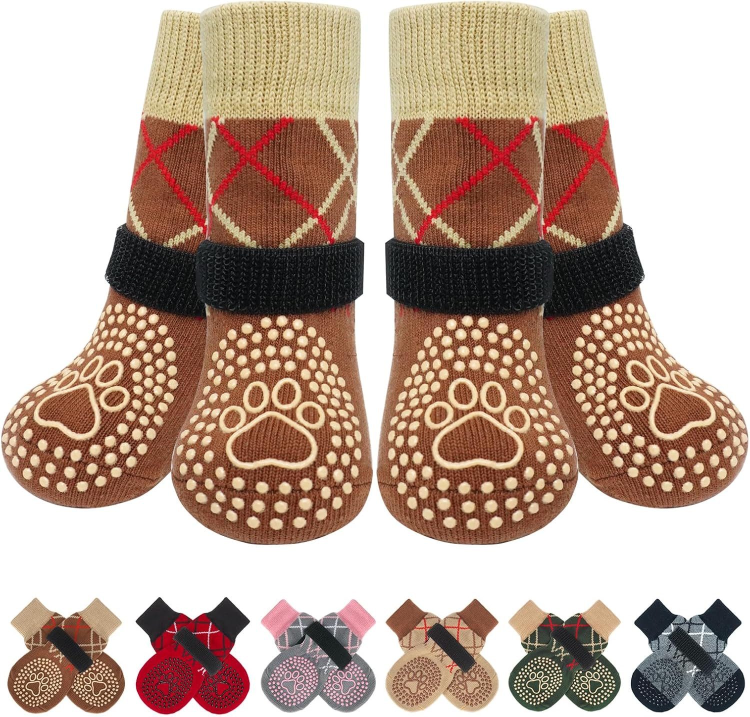 Ledander Pfotenschutz 4 Stück Doppelseitige Anti Rutsch Hundesocken, (Leckschutz mit Klettverschluss Riemenfür Innenbereich), Pfotenschutz für Hunde, Schuhe für Kleine, Mittlere und Große Hunde