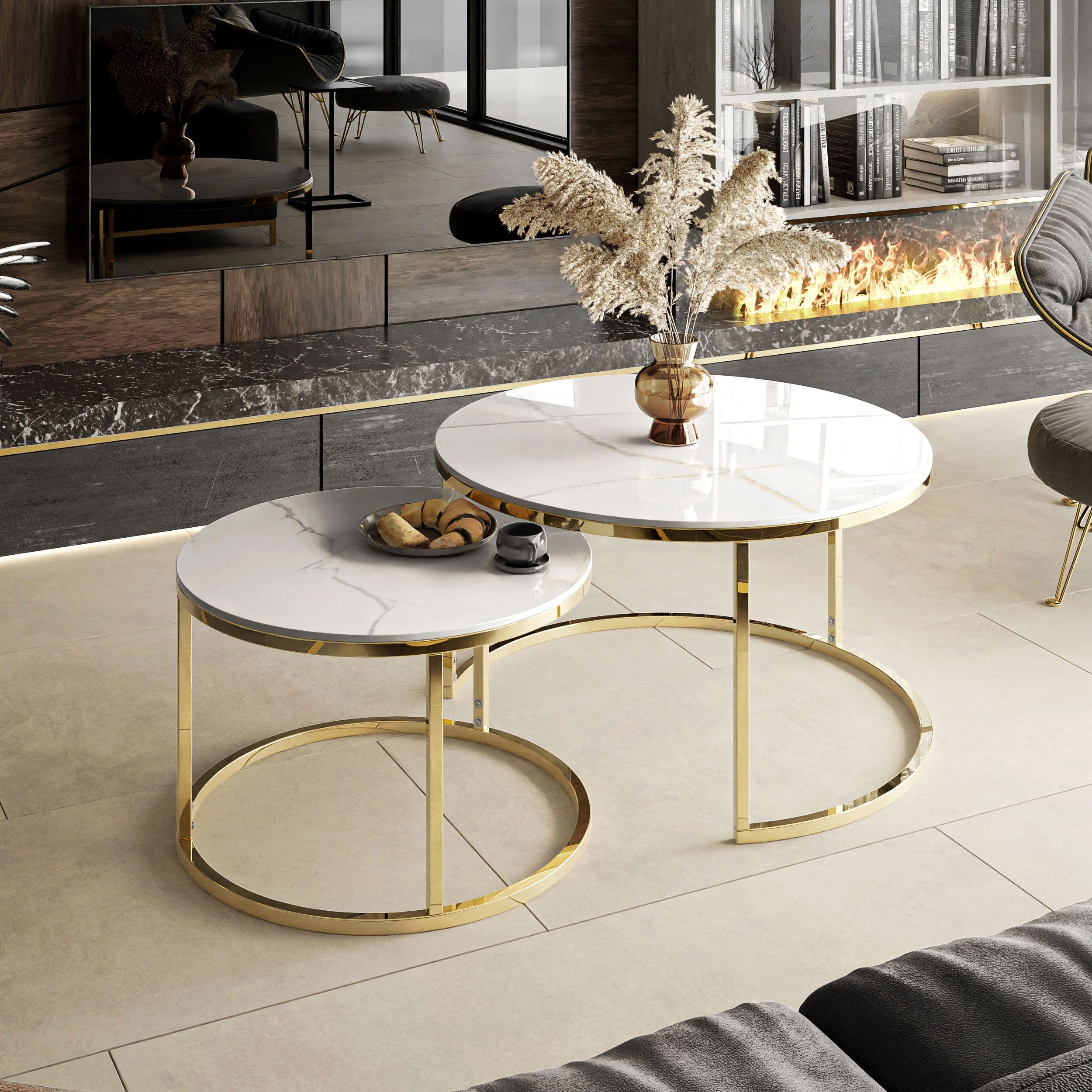 Lookway Couchtisch SELAVI 2er Tisch-Set mit Metallgestell (2er Set), Durchmesser: ⌀80 cm und ⌀60 cm