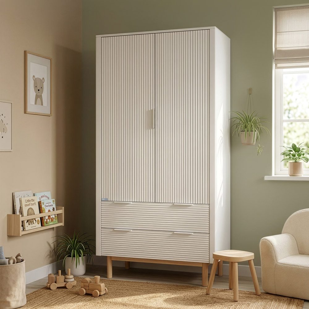 HOME DELUXE Kleiderschrank COCO - 100 × 50 × 200 cm (inkl. 2 Schubläden & Kleiderstangen) Kinderkleiderschrank mit Lamellenfronten