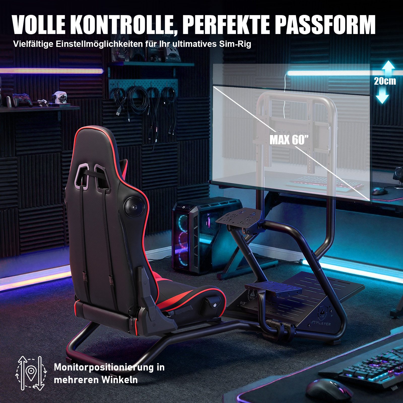 GTPLAYER Simulator Cockpit Rennsimulator lenkradständer mit 3D Lautsprechern Controller (Monitorhalterung Lenkradhalterung Schalthebelhalterung und Fußpedalen)