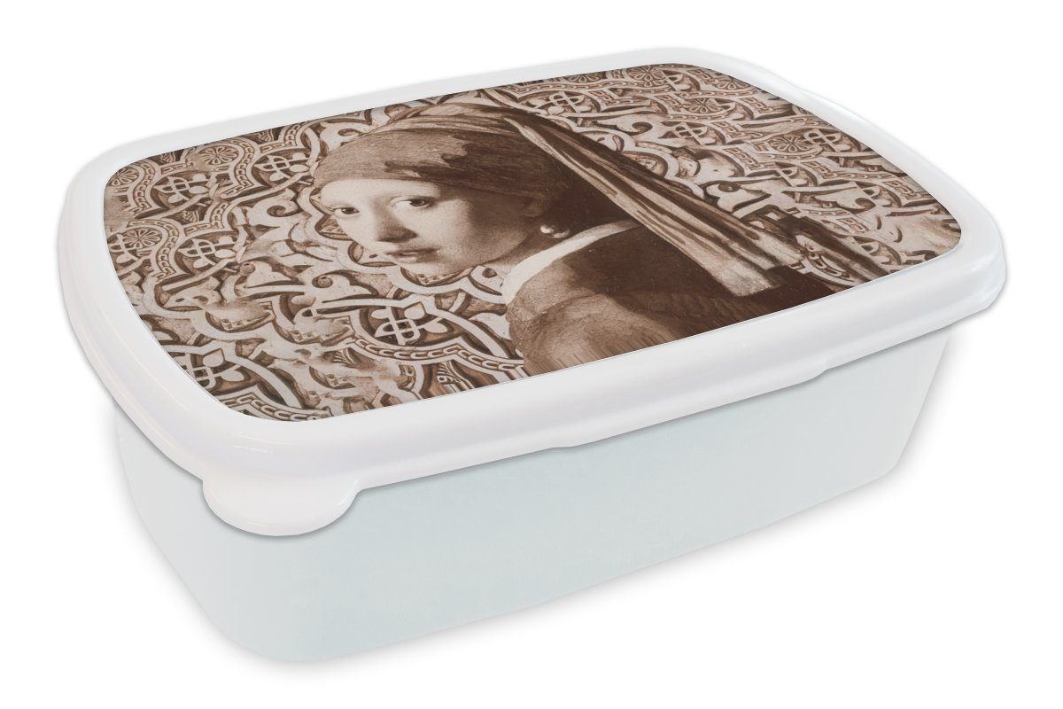 MuchoWow Lunchbox Das Mädchen mit dem Perlenohrring - Johannes Vermeer - Braun, Kunststoff, (2-tlg), Brotbox für Kinder und Erwachsene, Brotdose, für Jungs und Mädchen weiß
