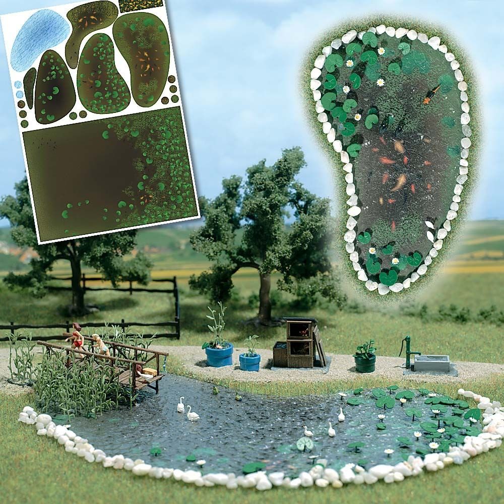Busch Modelleisenbahn-Baustelle Busch H0 1210 Gartenteich-Set mit Planzen Steg Steine Pflanzkübel ...