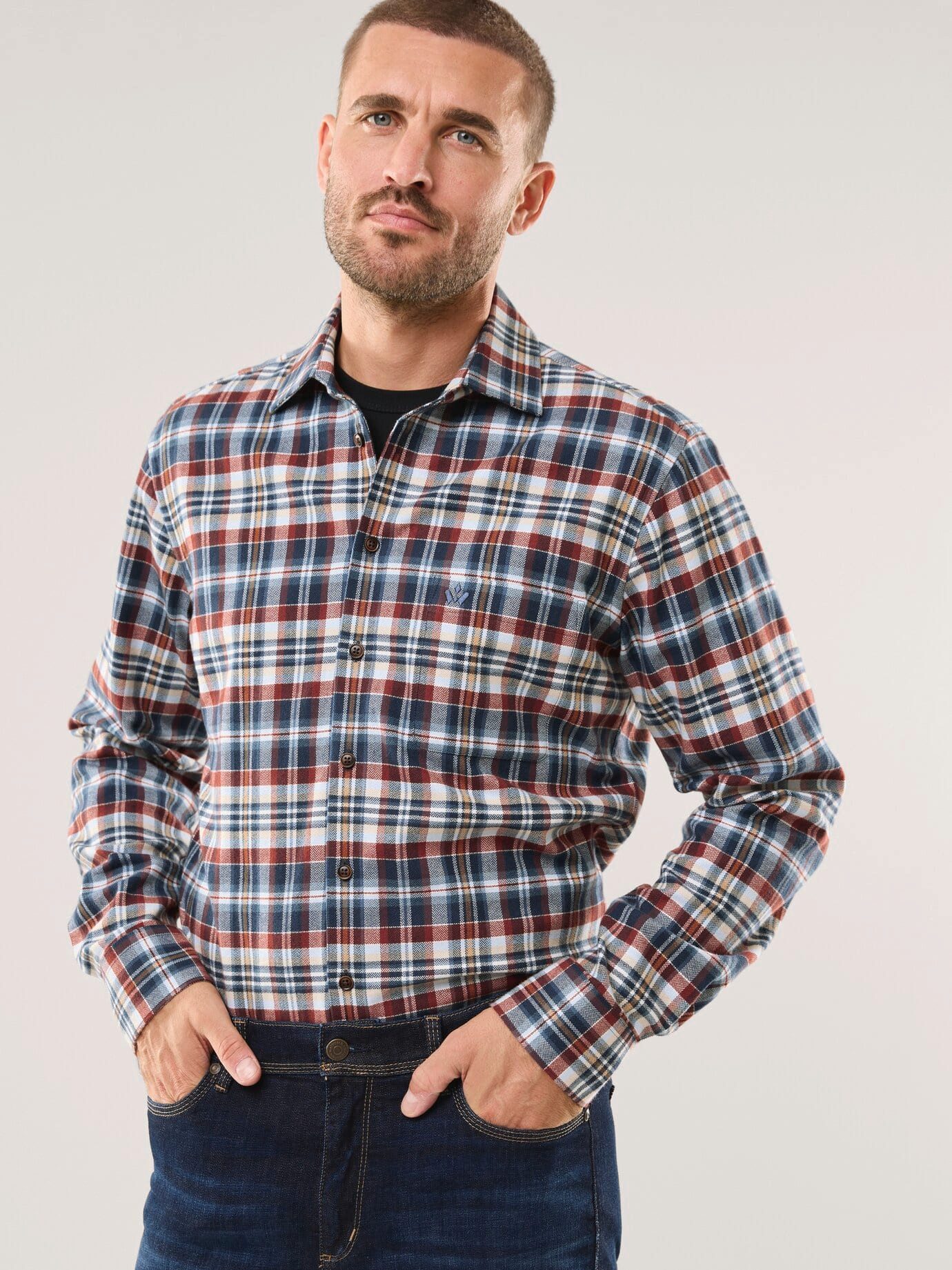 Walbusch Flanellhemd Herren Flanell-Hemd mit Relax-Kragen Regular fit Langarm extra lang, klassisch, pflegeleicht, atmungsaktiv, wärmend
