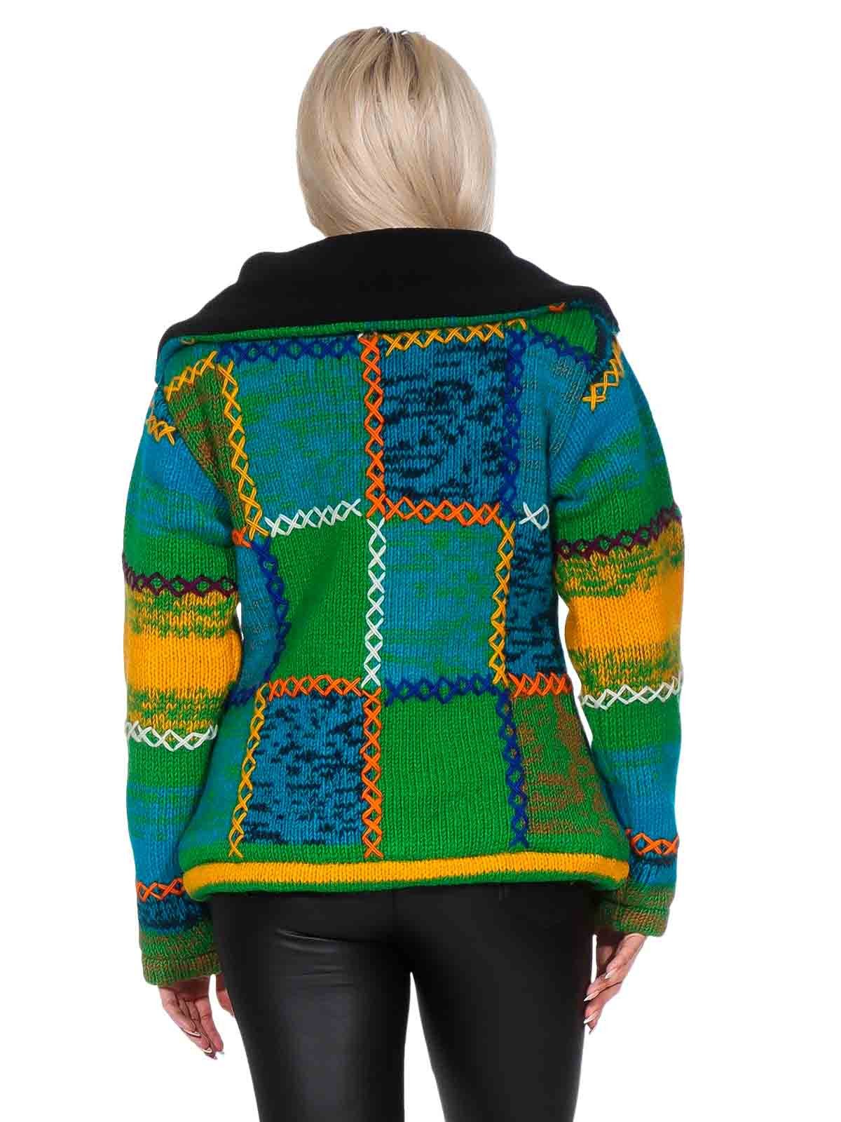 KUNST UND MAGIE Strickjacke Damen Strickjacke Wolle Bunte Patchwork Jacke+Fleecefutter&Hochkragen