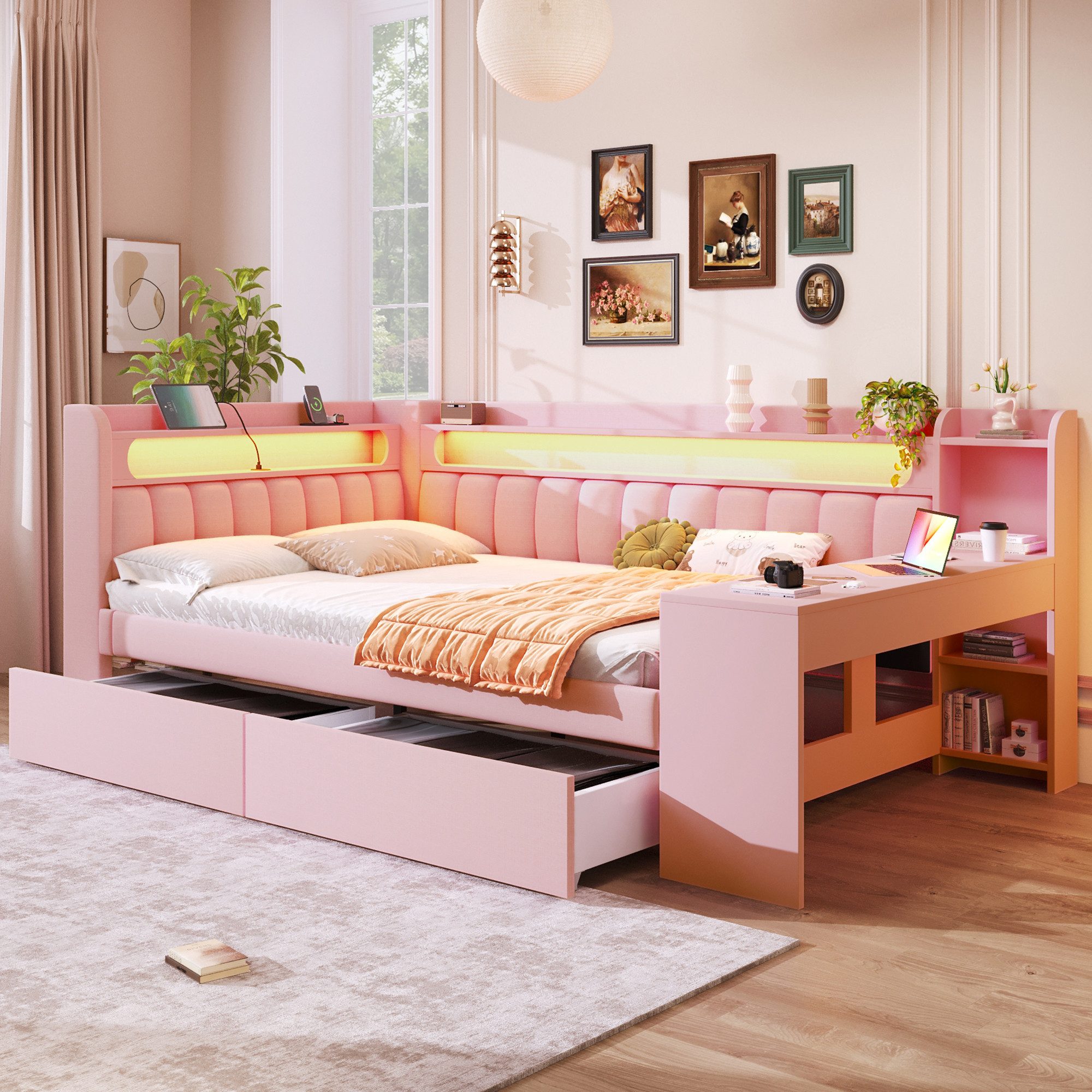 Flieks Daybett, Polsterbett 140x200cm mit 2 Schubladen, USB, LED und Schreibtisch