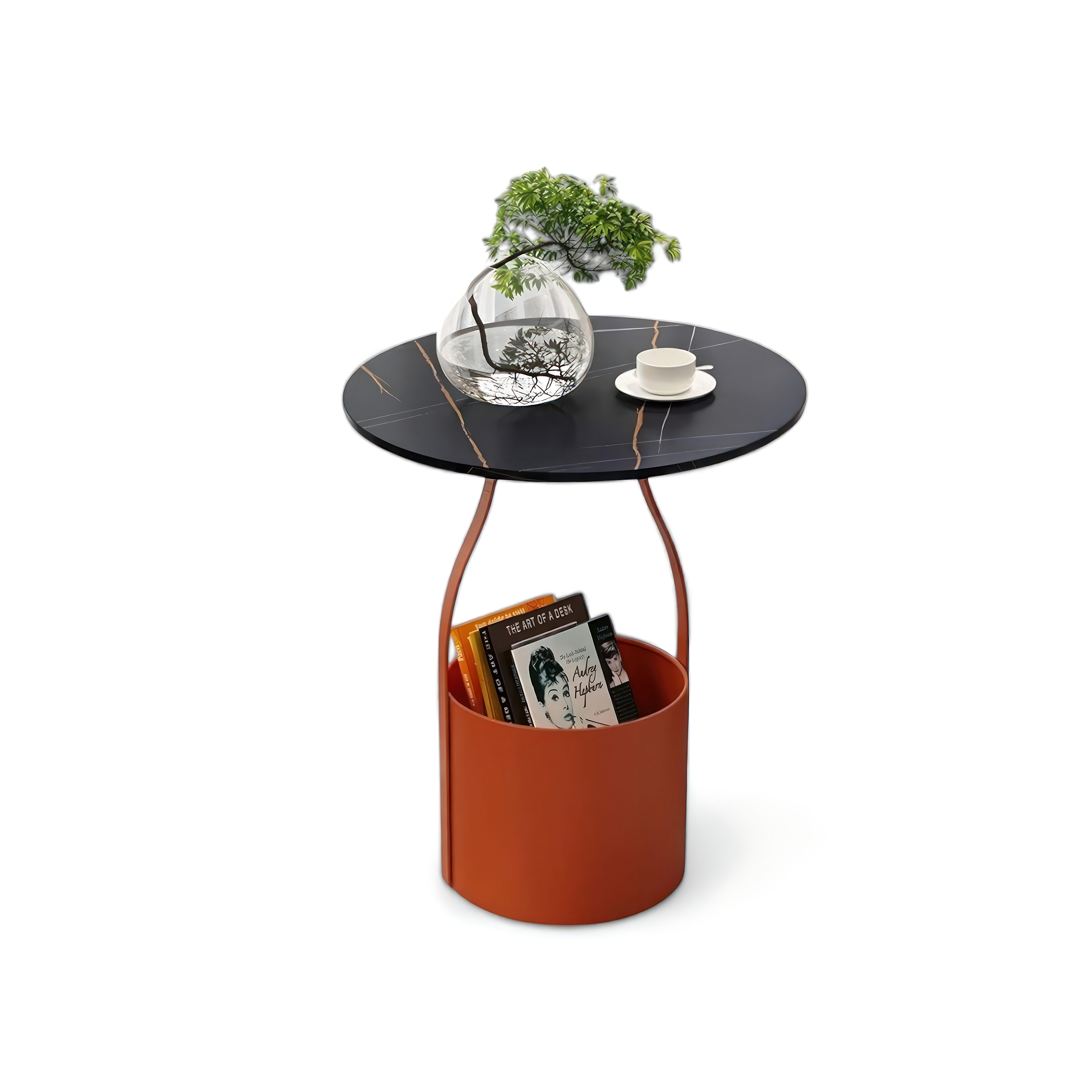 JVmoebel Beistelltisch Akzenttisch mit dunklem Marmormuster und matten orangefarbenen Beinen (1-St), Made in Europe