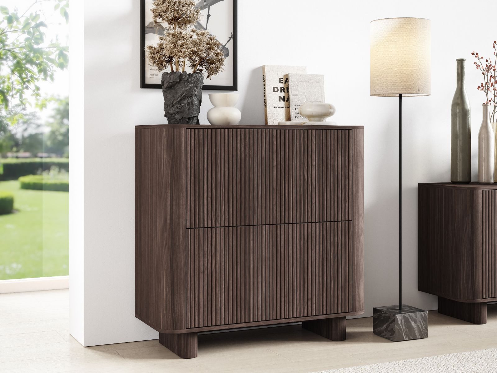 Compleo Kommode mit 4 Türen, Nussbaum oder Kaschmir, Elegant design, Sideboard mit Lamellen, Push to open Funktion, MADE IN EU