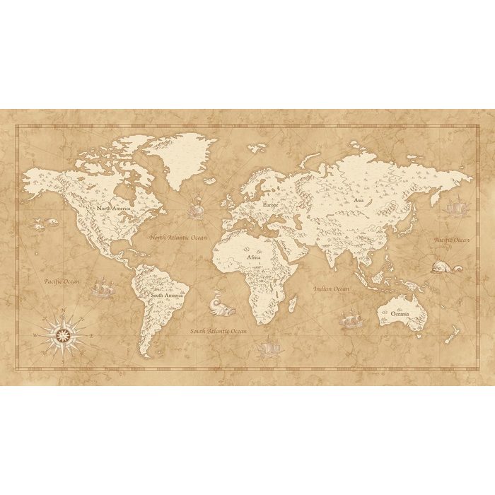 Komar Fototapete Vintage World Map glatt Comic Retro bedruckt mehrfarbig BxH: 500x280 cm
