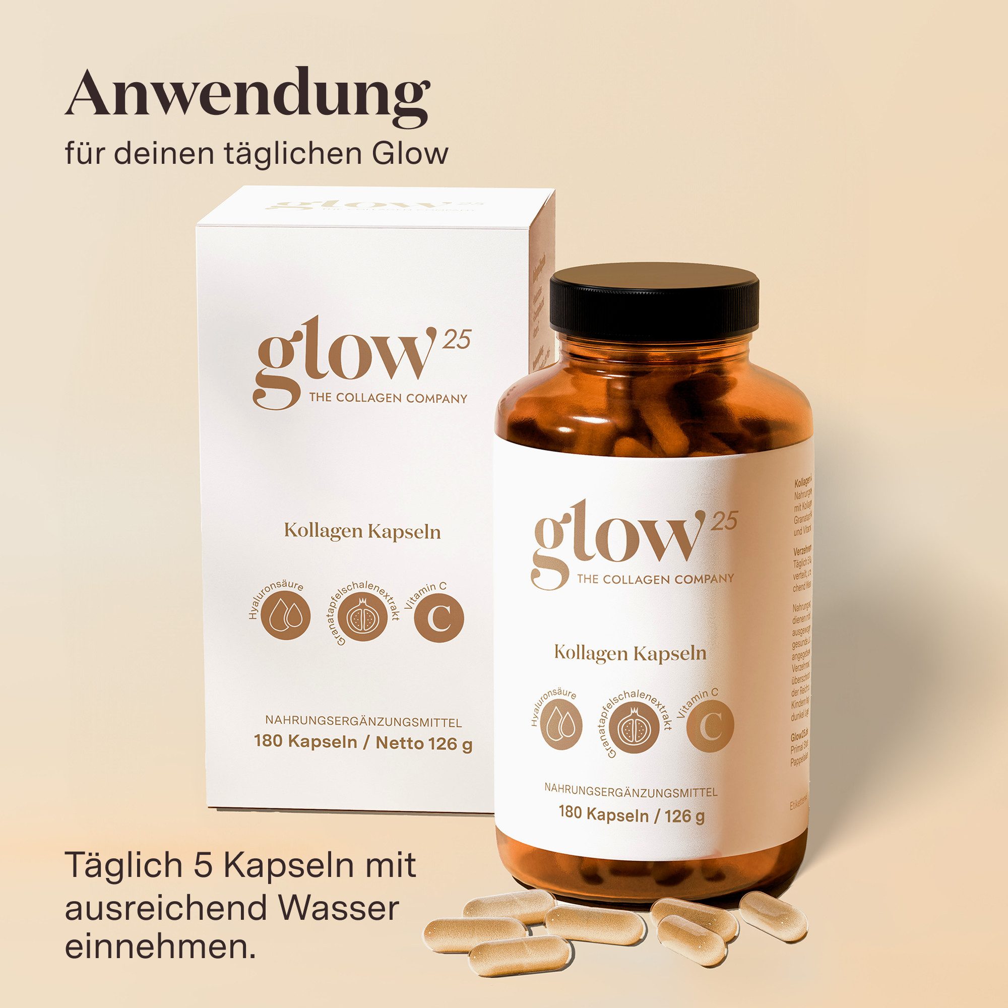 Glow25 Kollagen Kapseln [180 Kapseln] mit Hyaluronsäure und Vitamin C Kapseln, 126 g