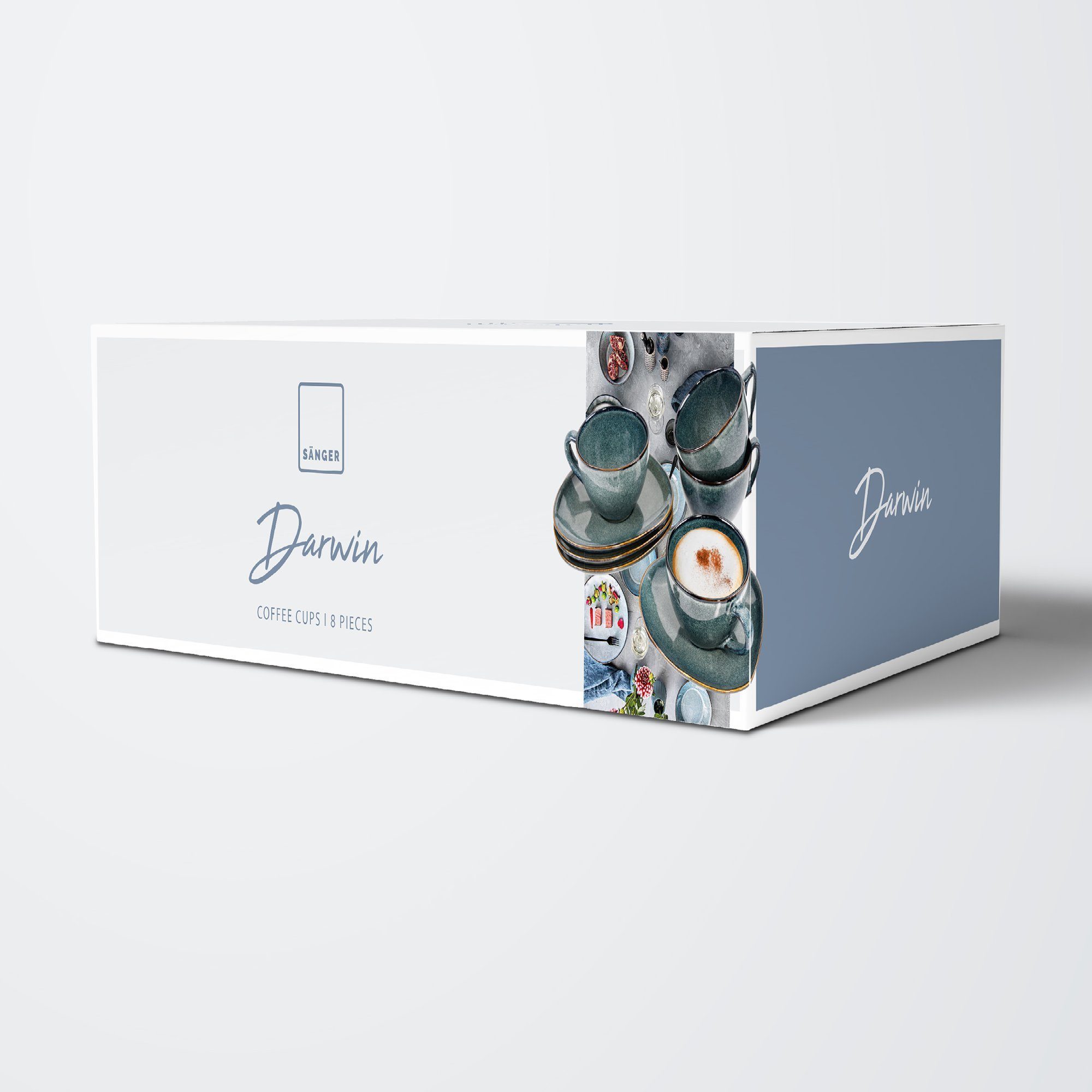 SÄNGER Kaffeeservice Darwin Kaffeetassen Set (8-tlg), 4 Personen, Steingut, Handmade, 300 ml, Blau, Premium Collection
