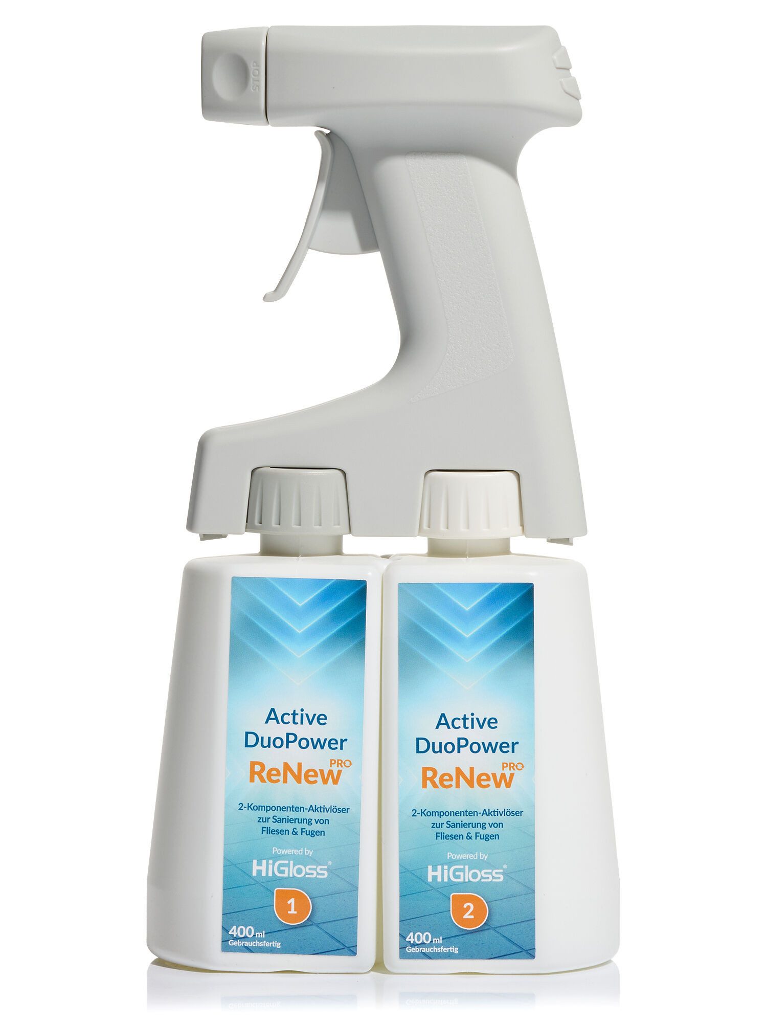 HiGloss Reiniger "Active Duo Power ReNew Pro" für Fliesen & Fugen, 2x 400 ml Badreiniger (2-St. 2 x 400 ml entfernt hartnäckige Verschmutzungen in Bad Küche & Dusche)
