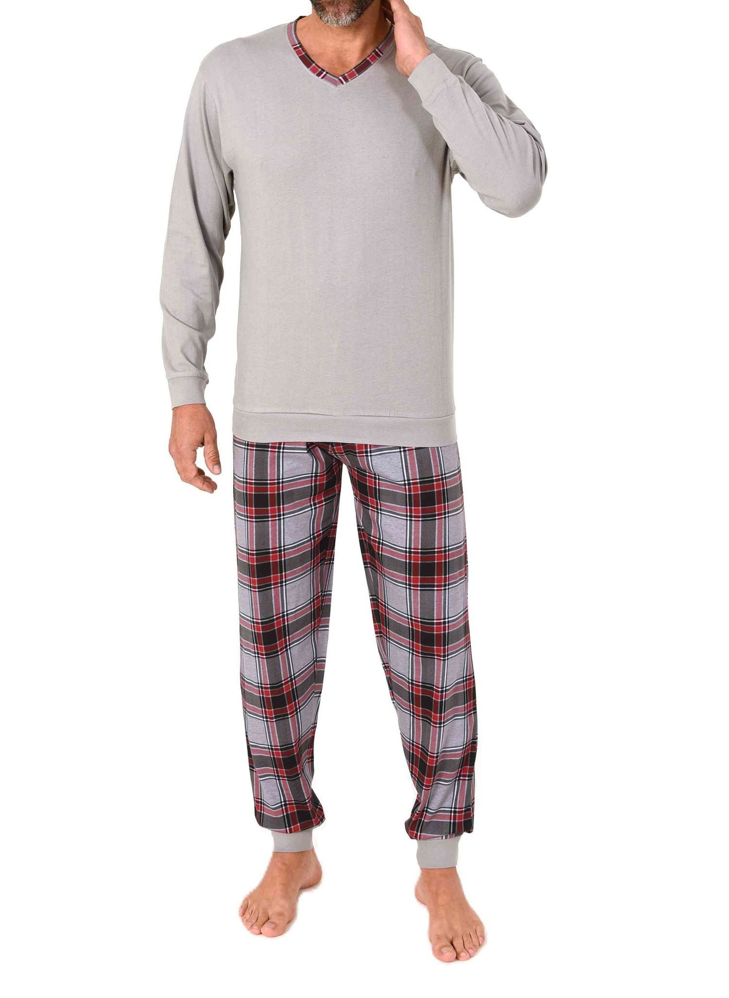Pyjama Normann Herren langarm Schlafanzug mit Bündchen + Karohose aus Jersey