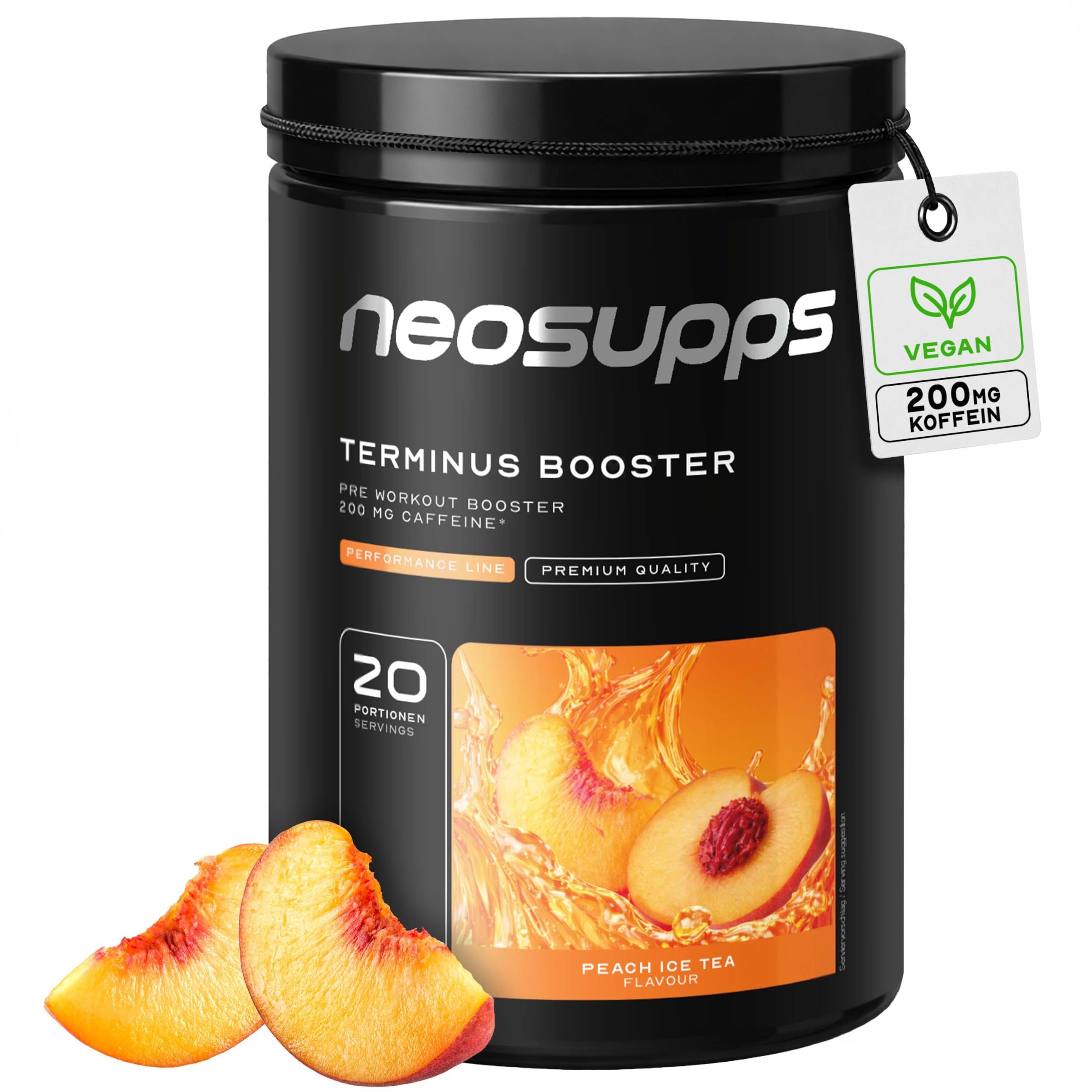 Neosupps Terminus Booster Peach Ice Tea 540g, Pre Workout Booster mit Koffein Pulver, 540 g, Pump & Fokus, geprüfte Qualität, 8.000 mg L-Citrullin, Vegan