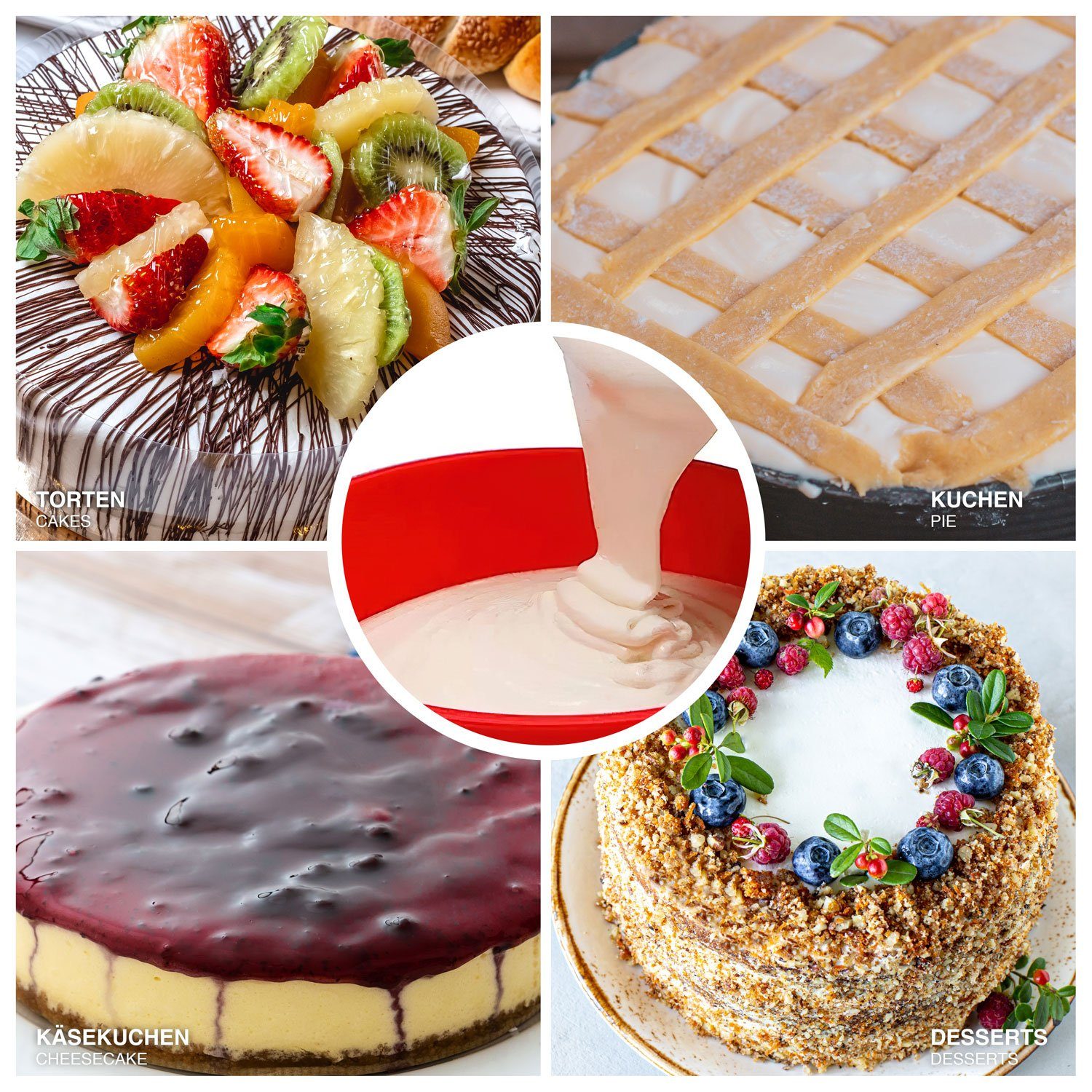 Goods+Gadgets Springform, Kuchen-Form Backform Antihaftbeschichtete Silikon & Rot Glasboden