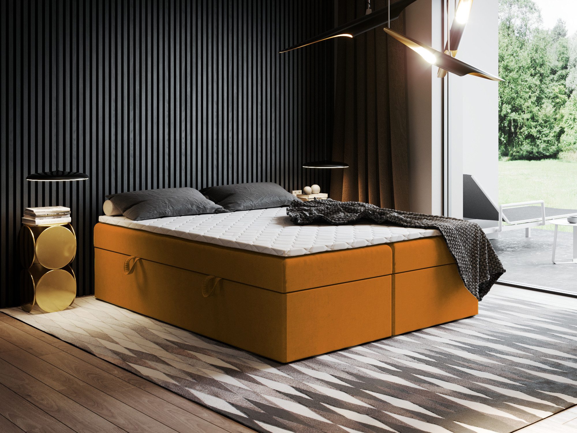 Godre Boxspringbett mit Bettkasten Ewora 2 180x200 cm mit Taschen Matratze (Bett + Matratze + Topper T-Visco), Bett mit zwei seitlich zu öffnenden Kästen