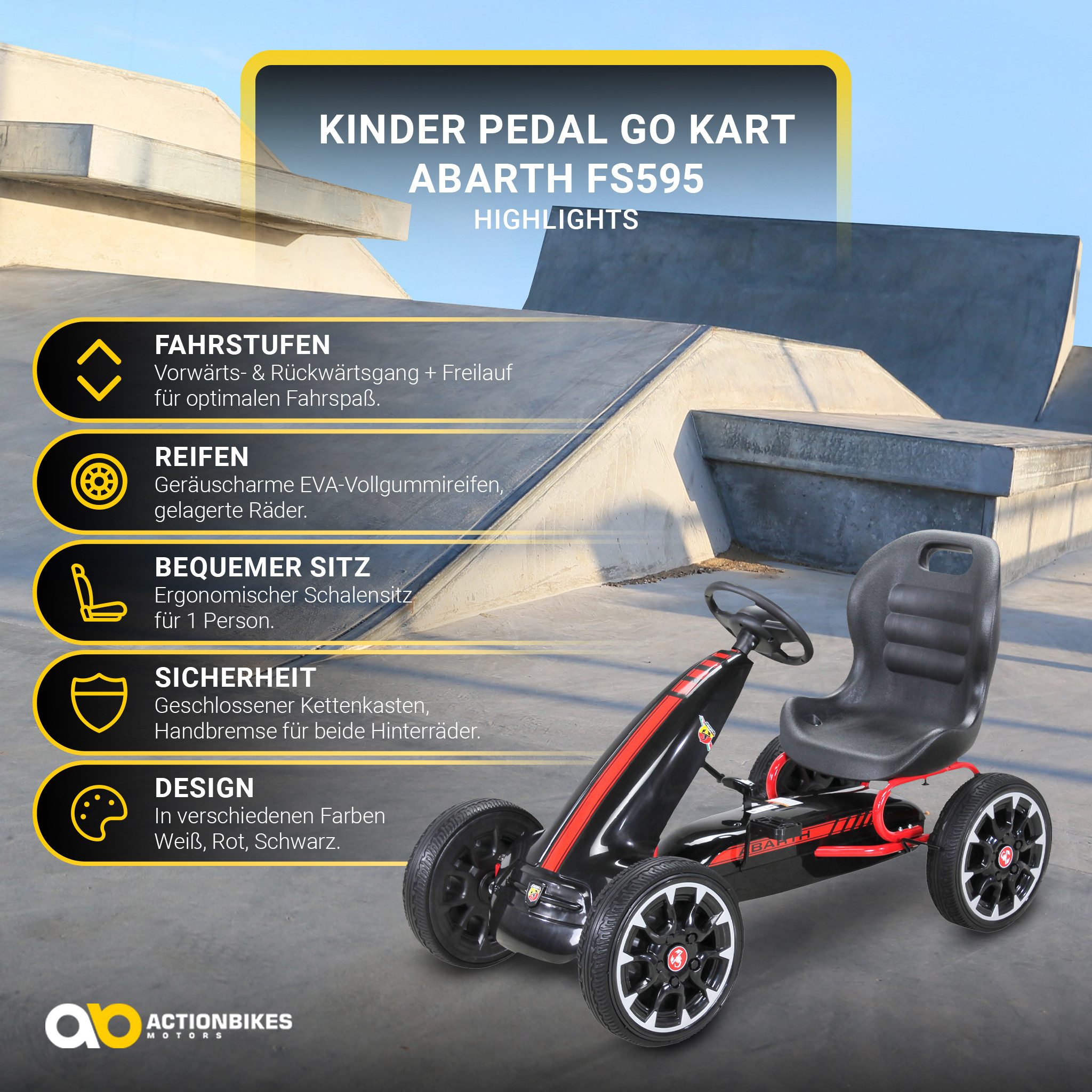 Actionbikes Motors Go-Kart Kinder Pedal Go Kart Abarth FS595 mit Handbremse, Kinder Fahrzeug Spielzeug ab 4-10 Jahre, Kinderkart, Go Kart