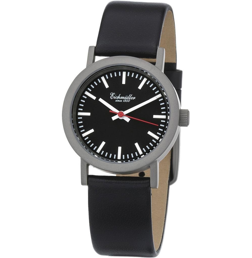 Eichmüller Quarzuhr 1746-04 Damenuhr – Bahnhofsuhr Schwarz, Lederband, 30 mm