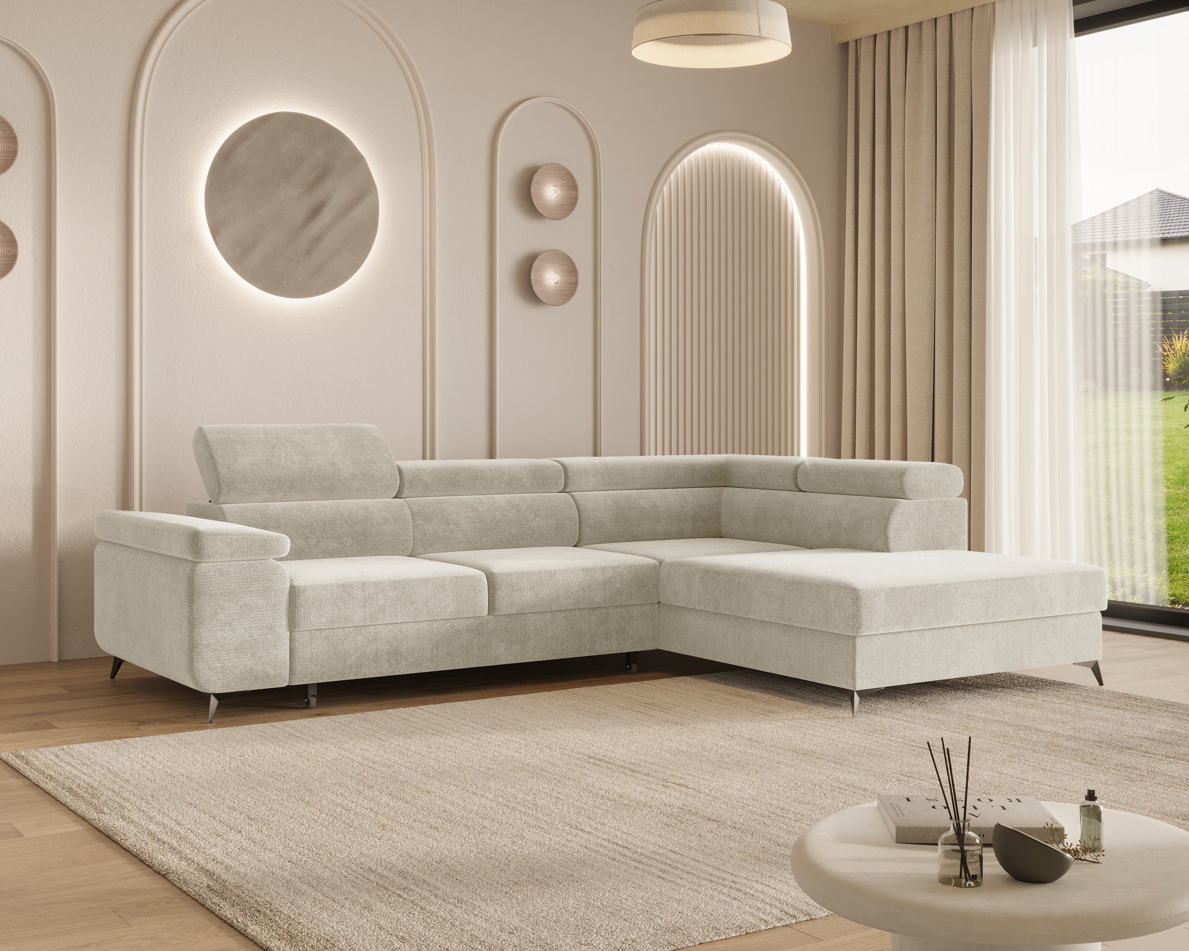 MOEBLO Ecksofa OSTIN, 290 cm – Modernes L-Sofa mit Schlaffunktion, Bettkasten und verstellbaren Kopfstützen, Cord oder Strukturstoff, - (BxHxT): 290 x 75–90 x 202 cm