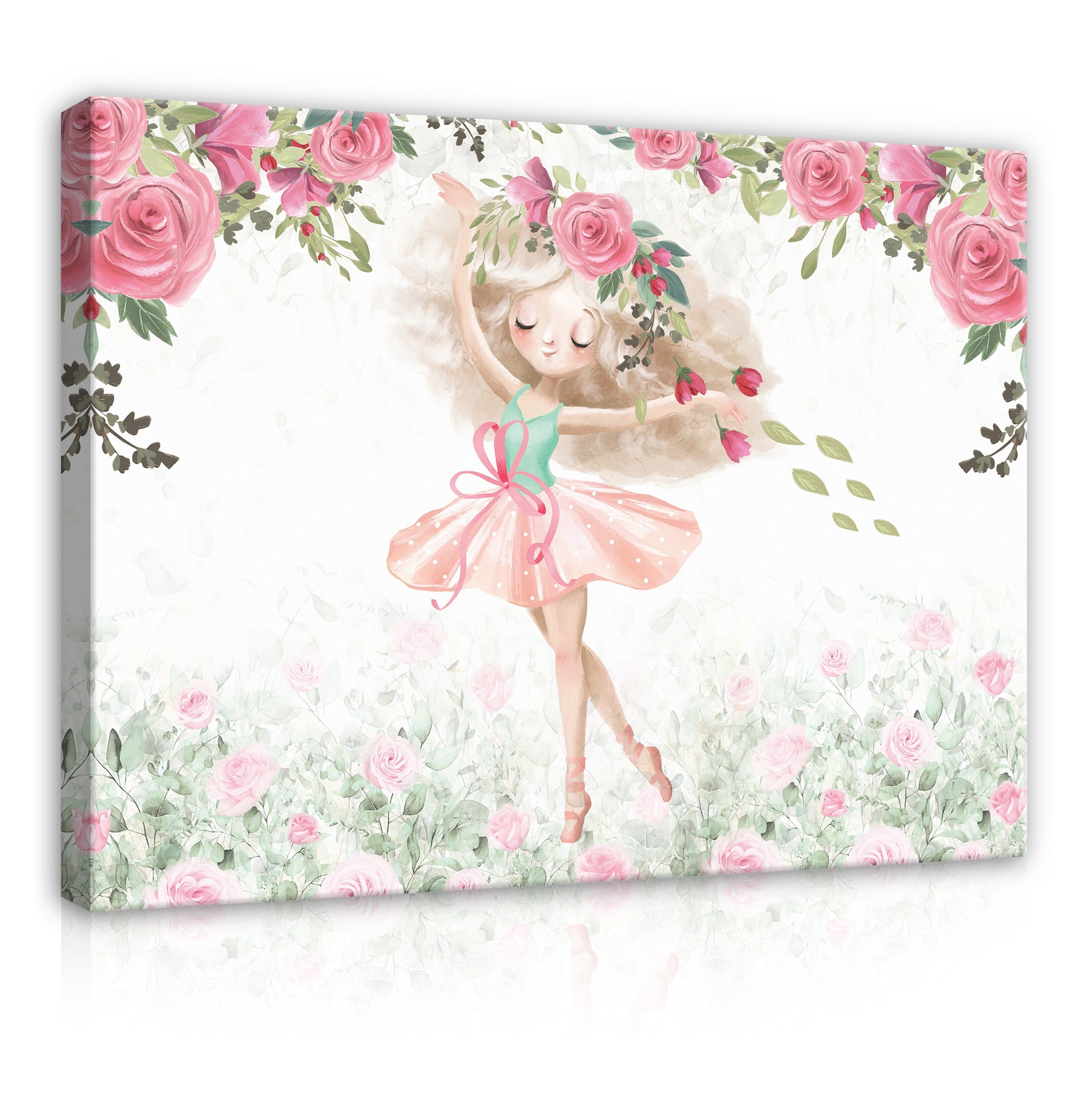 Wallarena Leinwandbild Kinderzimmer Mädchen Ballerina Blumen Wandbild XXL Leinwandbilder, Kinder (Einteilig), Aufhängefertig