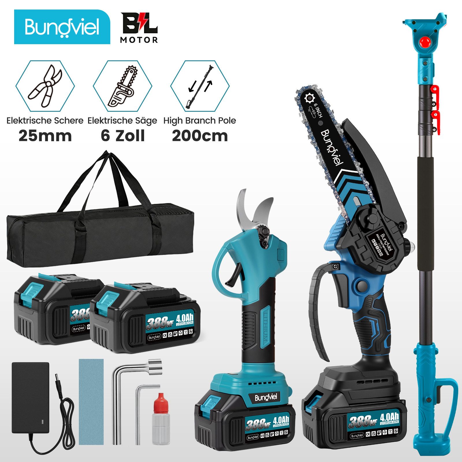 Bundviel Akku-Hochentaster 4-in-1 Bürstenloser Elektro Teleskop Hochentaster Astsäge Gartenschere, bis 235,5 m Arbeitshöhe, mit 2× 4000mAh Akku