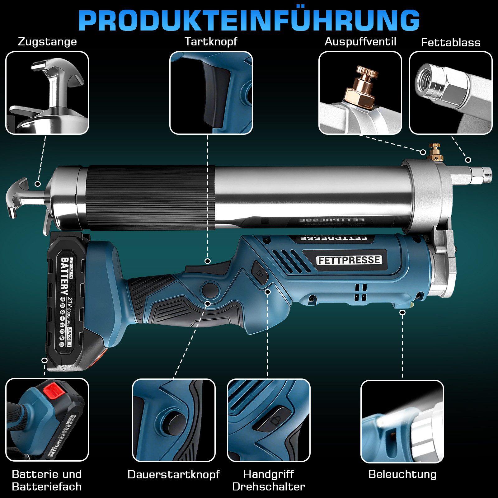 XERSEK Akku-Kartuschenpistole Akku Fettpresse 2-in-1 Elektrische Schmierpistole 12000 PSI 3 Düse, 600 ml, (Set, 2 Akkus Bürstenloser Motor, 100cm Flexschlauch, LED, 600g Kapazität), Für Lager, Hydraulik, Maschinen, Fahrzeuge, Landwirtschaft & Bau