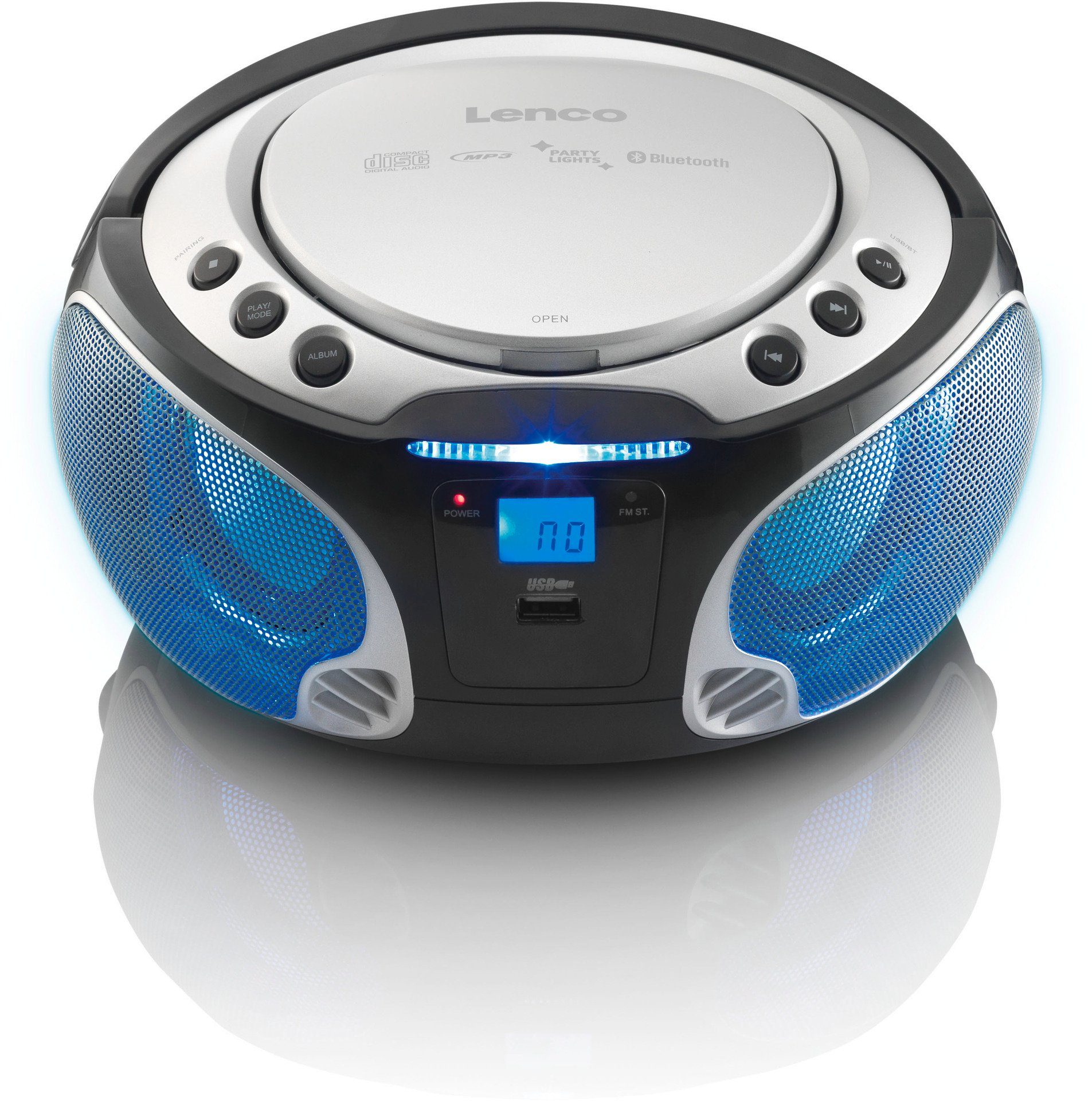 Lenco Boombox (FM-Tuner) MP3, silberfarben Lichteffekt m. BT, USB, SCD-550SI CD-Radio