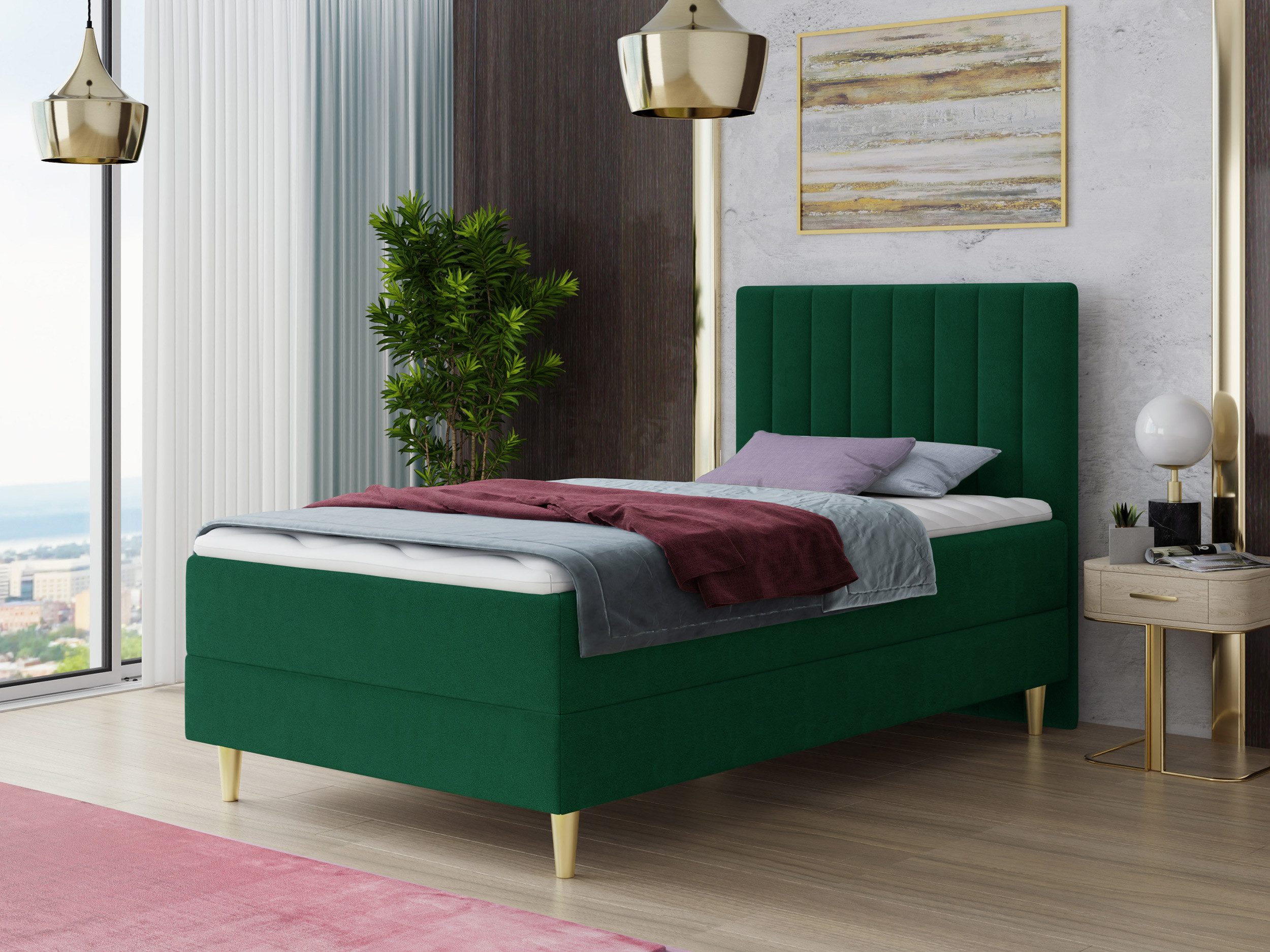 Sofnet Boxbett Gold Mini (mit Bettkasten, Bonell-Matratze und Topper), Einzelbett, Polsterbett, Boxspringbett, Kinderbett, Gold Füße