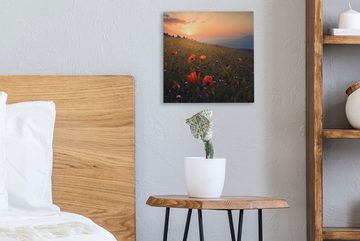 OneMillionCanvasses® Leinwandbild Blumenfeld - Gras - Pflanzen - Sonnenuntergang - Orange, (1 St), Leinwand Bilder für Wohnzimmer Schlafzimmer