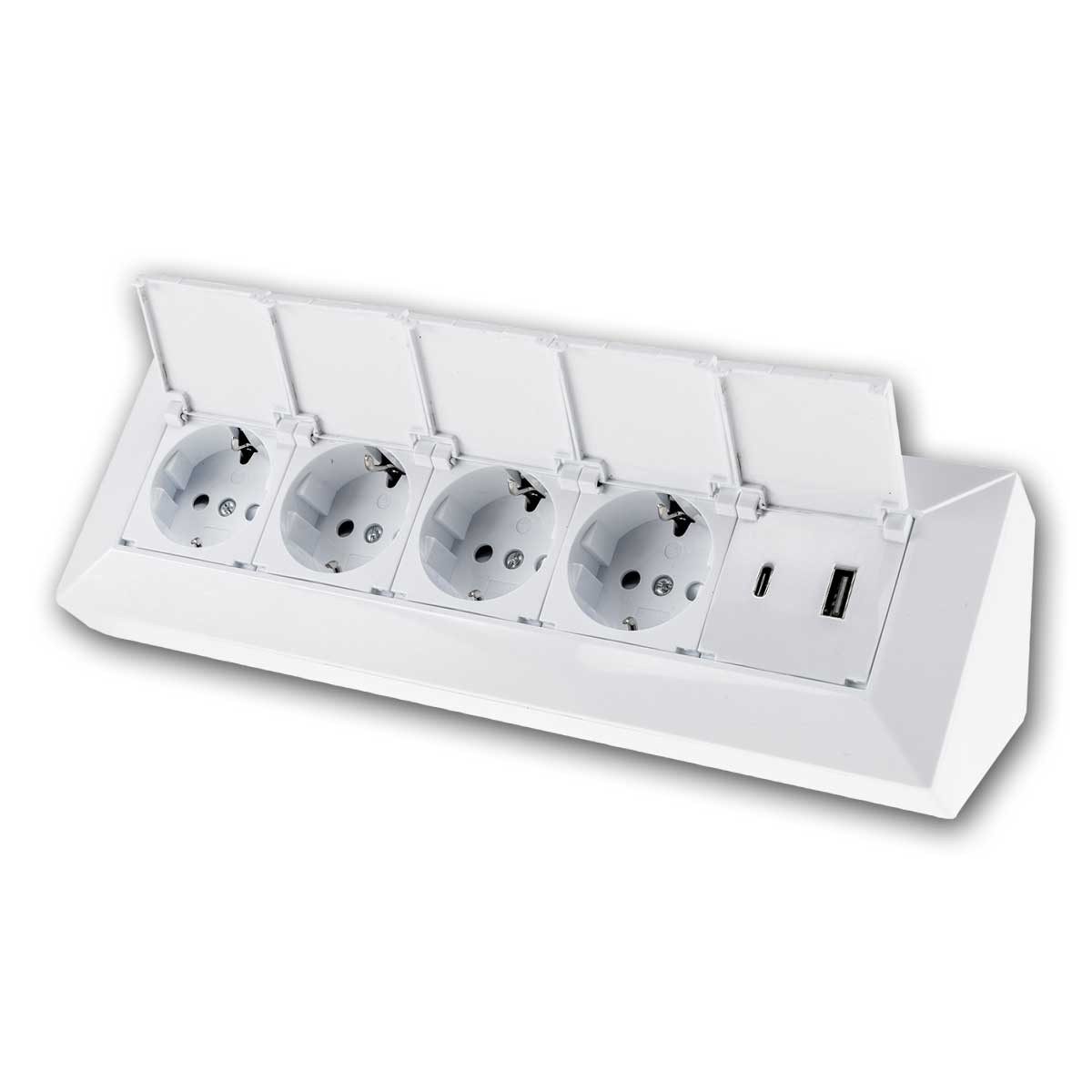 ChiliTec Aufputz-Steckdose 4-fach Steckdosenblock + USB-A&C, weiß mit Klappen