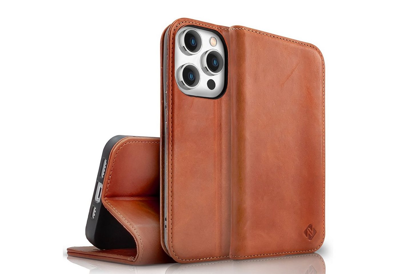 Nalia Smartphone-Hülle Apple iPhone 15 Pro Max 17 cm (6,7 Zoll), Echt Leder Etui / Standfunktion Kickstand / RFID Schutz Handyhülle