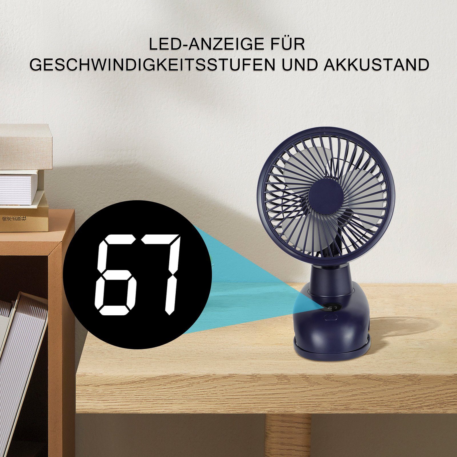 Mini Außen, ZMH Blau Geschwindigkeiten 5000mAh 40dB Akku Oszillierend 4 Fan USB-Ventilator Leise