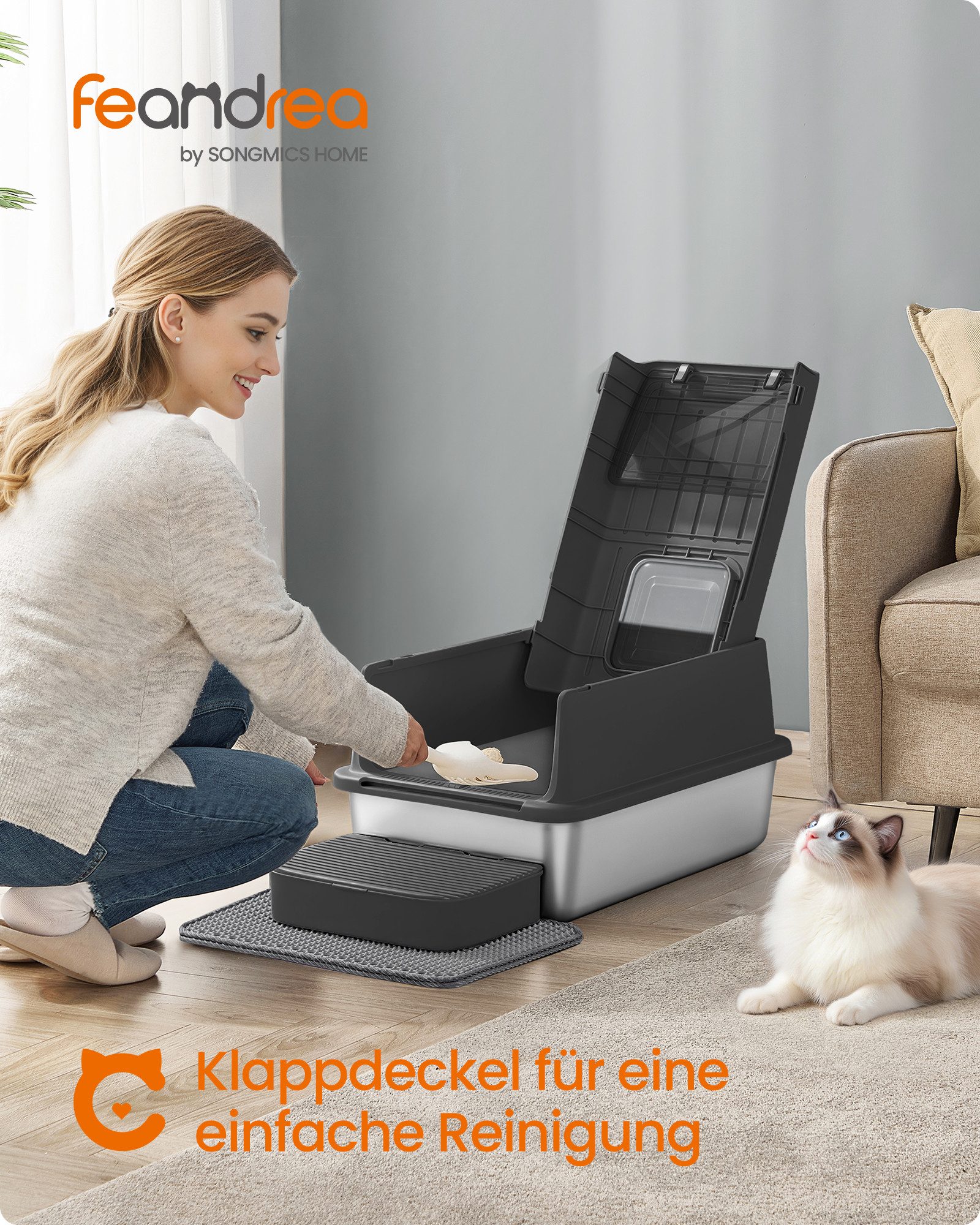 FEANDREA Katzentoilette Katzenklo Edelstahl, mit Deckel, mit Schaufel, Katzenstreumatte, 2 Eingängen, für Katzen bis 15 kg, 60 x 40 x 38 cm (L x B x H)