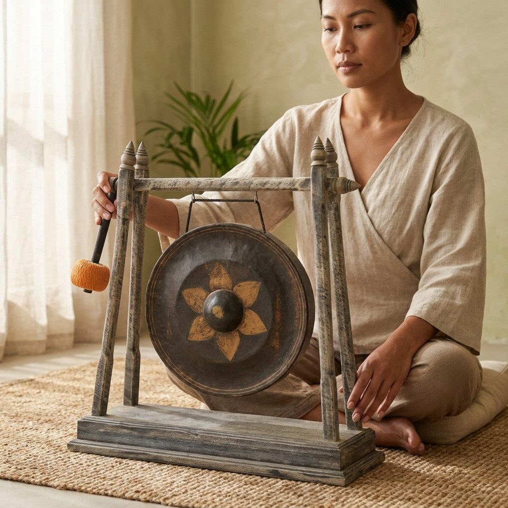 Kinaree Dekoobjekt Tempel Gong XL Bronze — Asiatischer Gong mit Schlegel, Unikat, Handarbeit, Echtholz