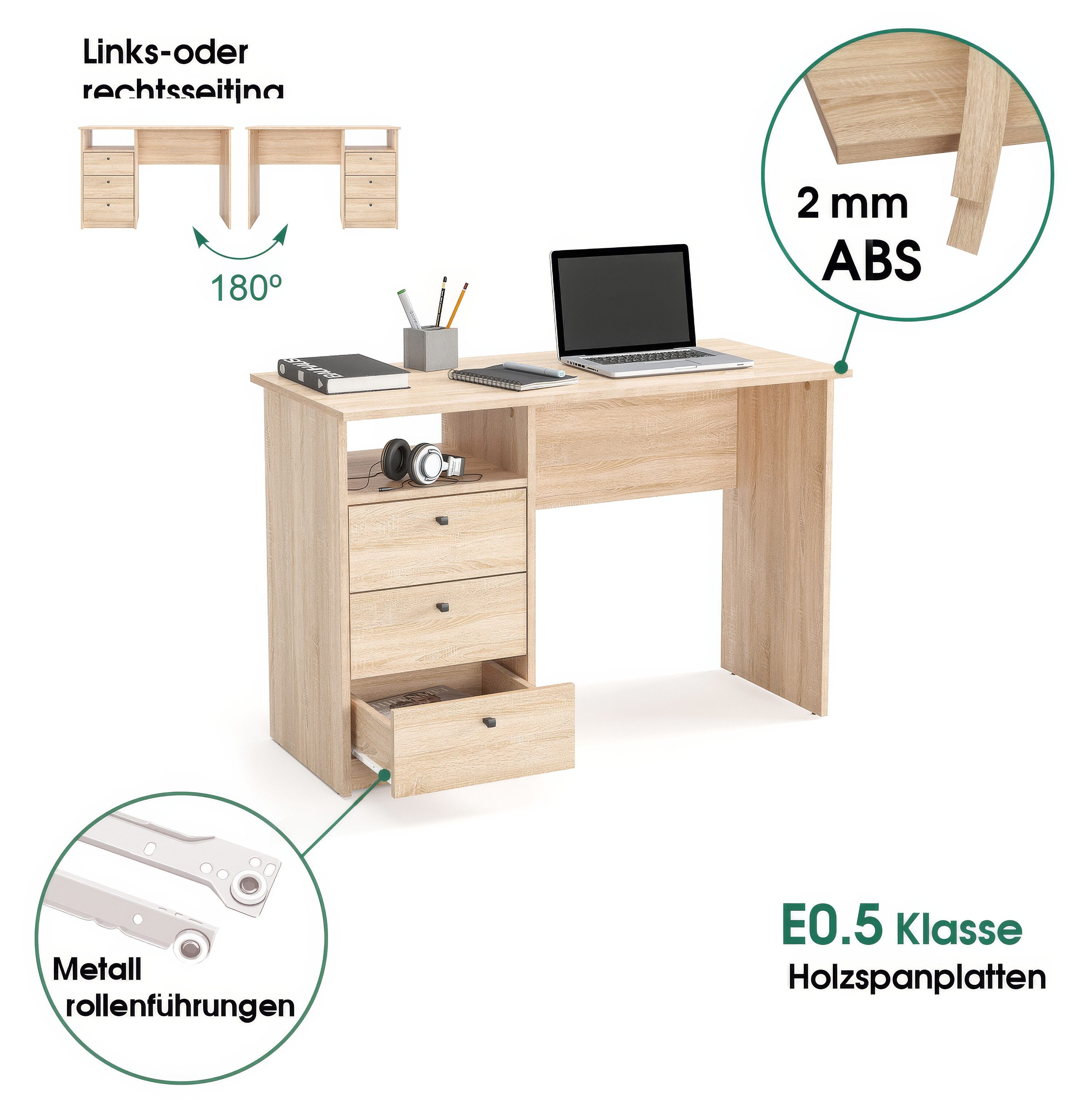 KOMTO Schreibtisch Oslo 110 H Griffe Computertisch Klein Arbeitstisch mit Schubladen, Büro PC-Tisch Kinderschreibtisch Schreibtisch 110 x 50 x 74 cm – Bild 5 von 5