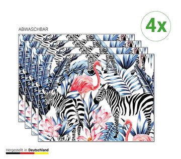 Platzset, Tischset, Platzset abwaschbar - Tropische Zebras und Flamingos - 4 Stück aus erstklassigem Vinyl (Kunststoff) 40 x 30 cm, Tischsetmacher, (4-St)