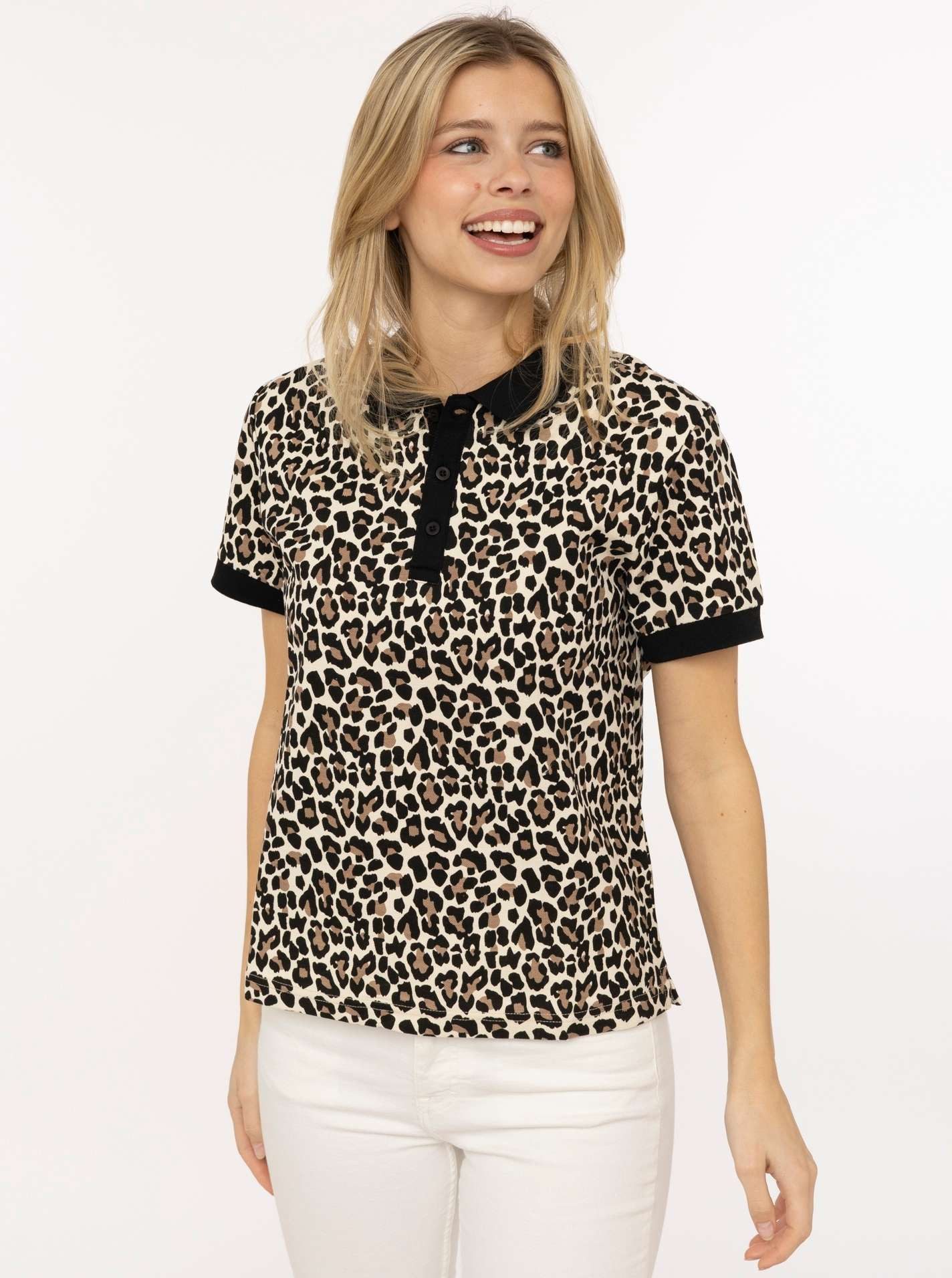 Zwillingsherz Poloshirt Leo mit Leomuster, kontrastierender Knopfleiste, kurzarm
