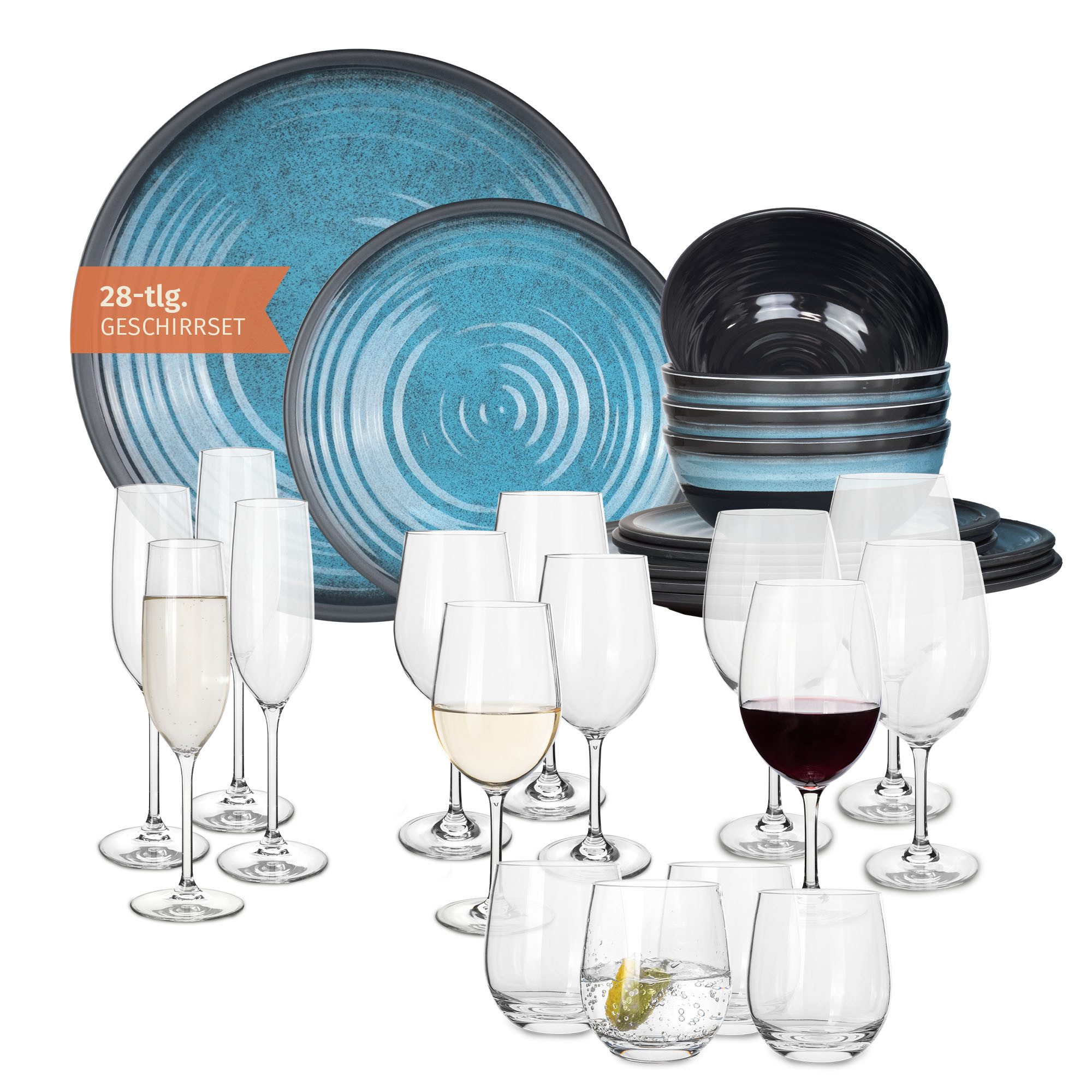 Moritz Geschirr-Set Camping Geschirr Stone Blue + 16 Tiamo Gläsern