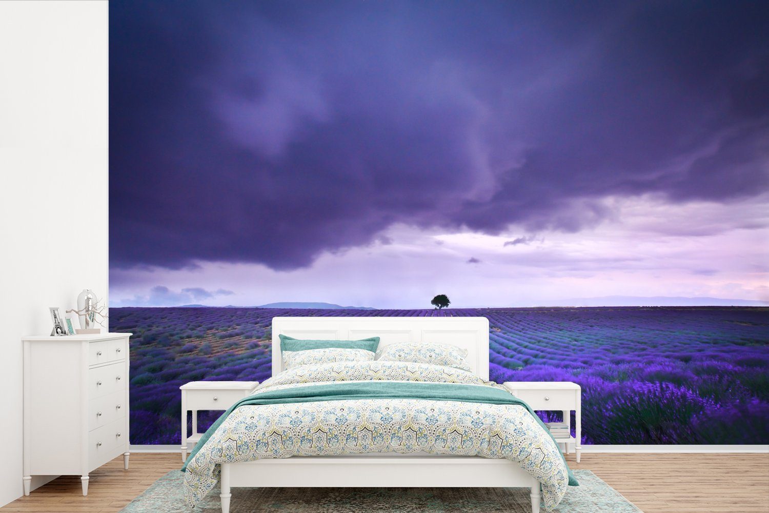MuchoWow Fototapete Lila Wolken über Lavendelfeldern, Matt, bedruckt, (6 St), Wallpaper für Wohnzimmer, Schlafzimmer, Kinderzimmer, Vinyl Tapete