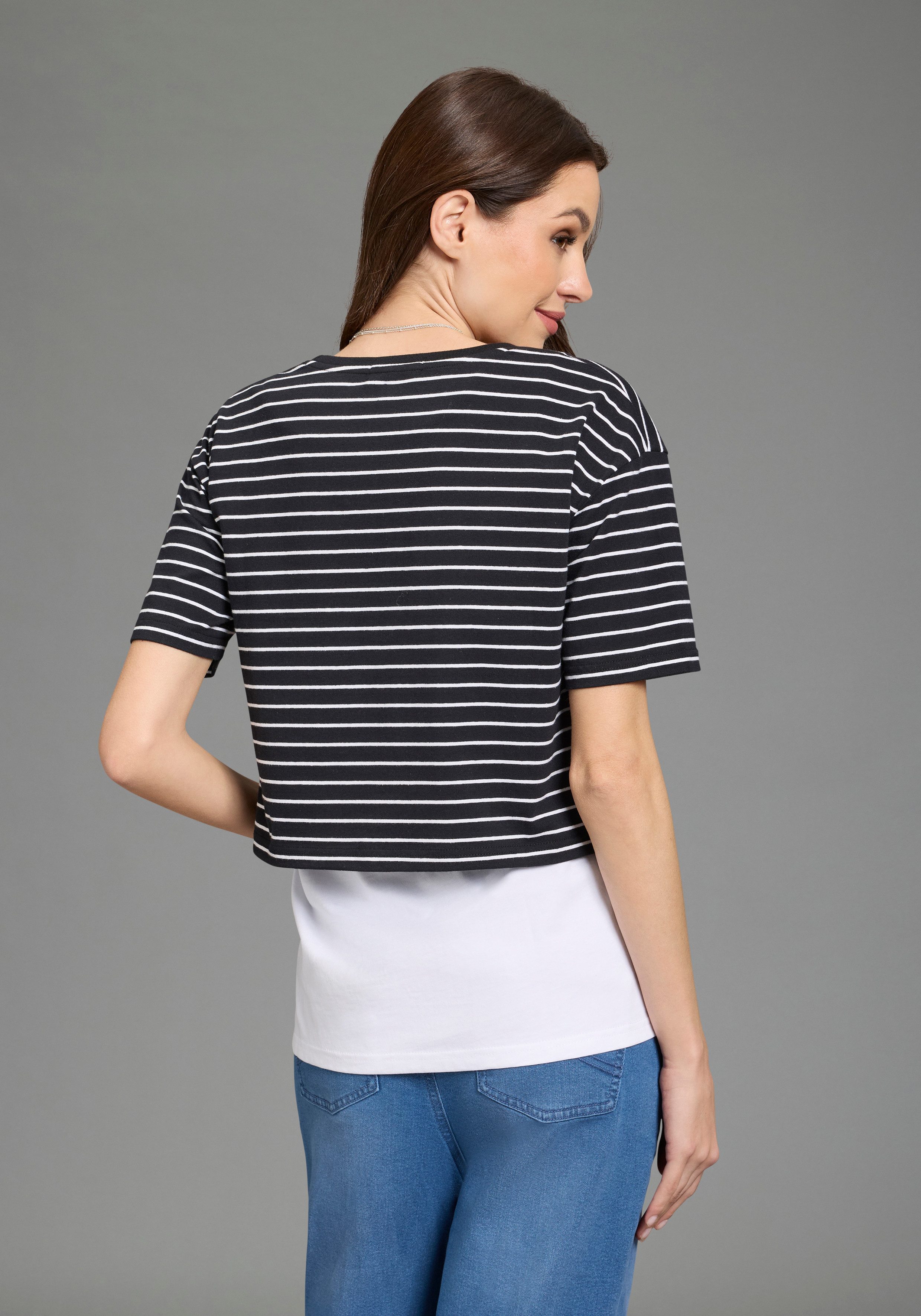 Neun Monate Umstandsshirt Umstands-T-Shirt mit Unterziehtop, Praktisch auch beim Stillen (2-tlg) Tank Top und Shirt mit modischem Ringel-Look, kurzarm